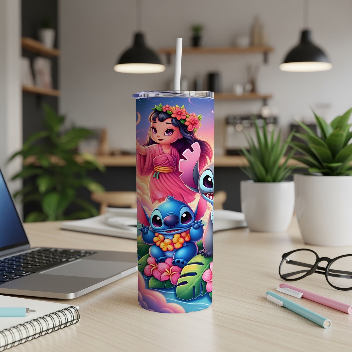 Lilo and Stitch on a floral tumbler with a white straw.