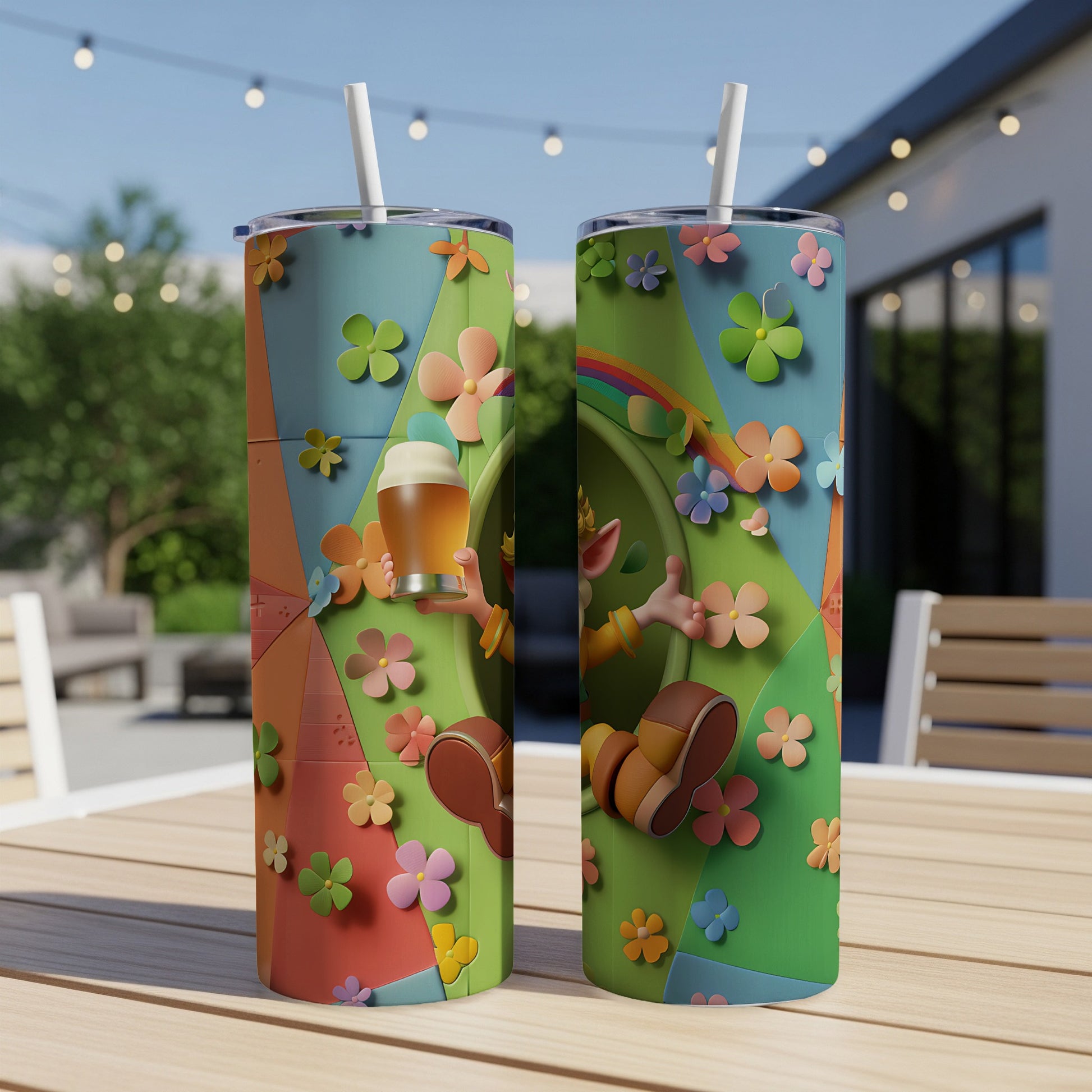 Two tumblers featuring a cartoon character with a rainbow and flowers.