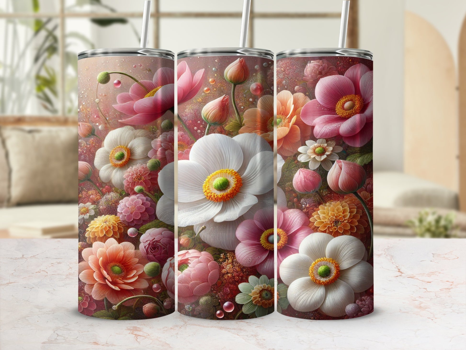 Vibrant Floral Design Insulated Tumbler With Straw
