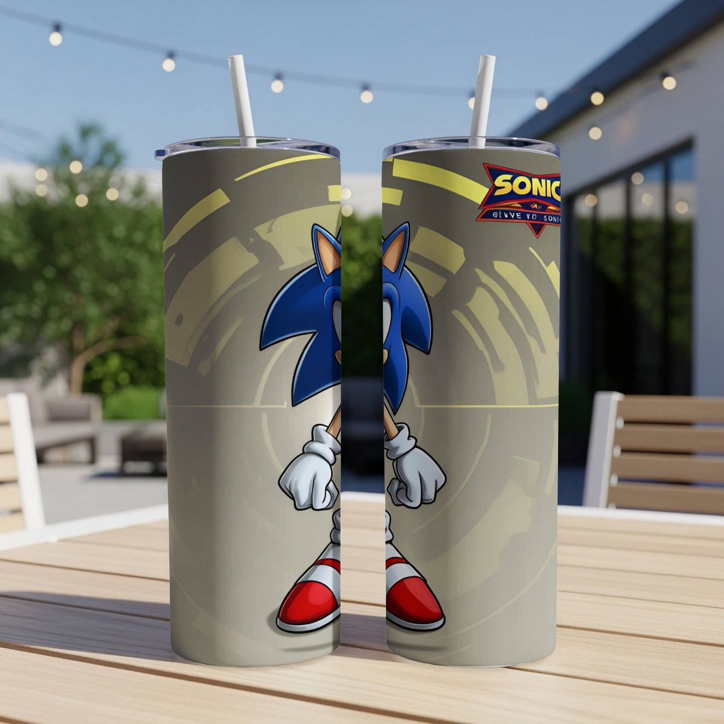 Two Sonic the Hedgehog tumblers on a wooden table, both featuring Sonic's face.