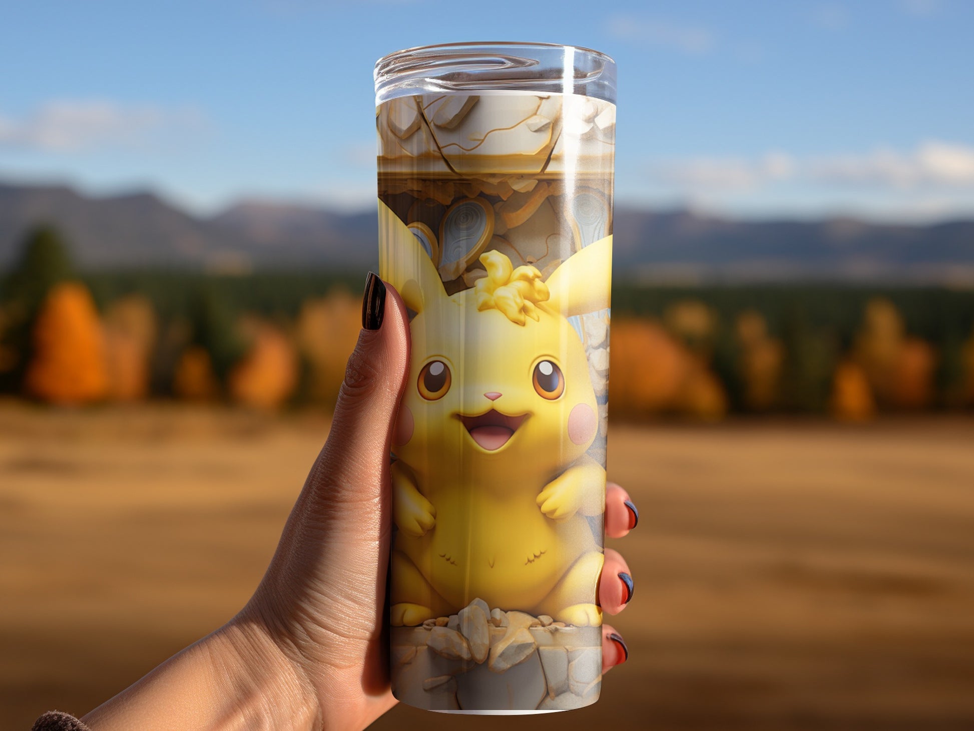 Cute Pikachu Tumbler with Scenic Background Design