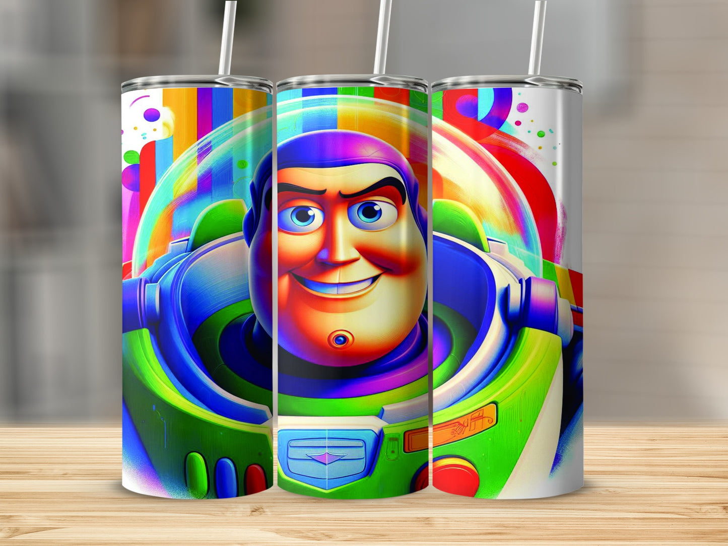 Buzz Lightyear's smiling face on a colorful, patterned tumbler.