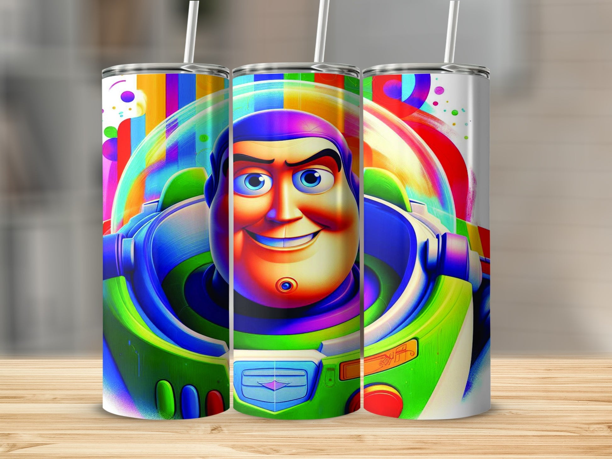 Buzz Lightyear's smiling face on a colorful, patterned tumbler.