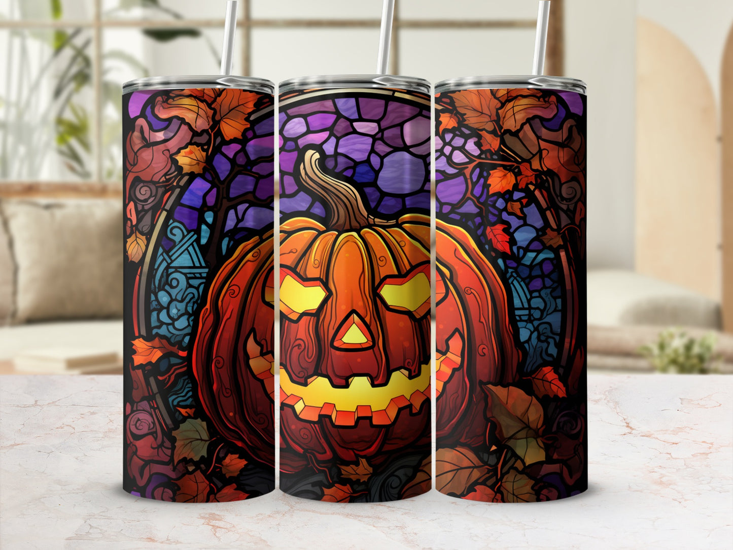 Jack-o'-lantern with stained glass background and autumn leaves.