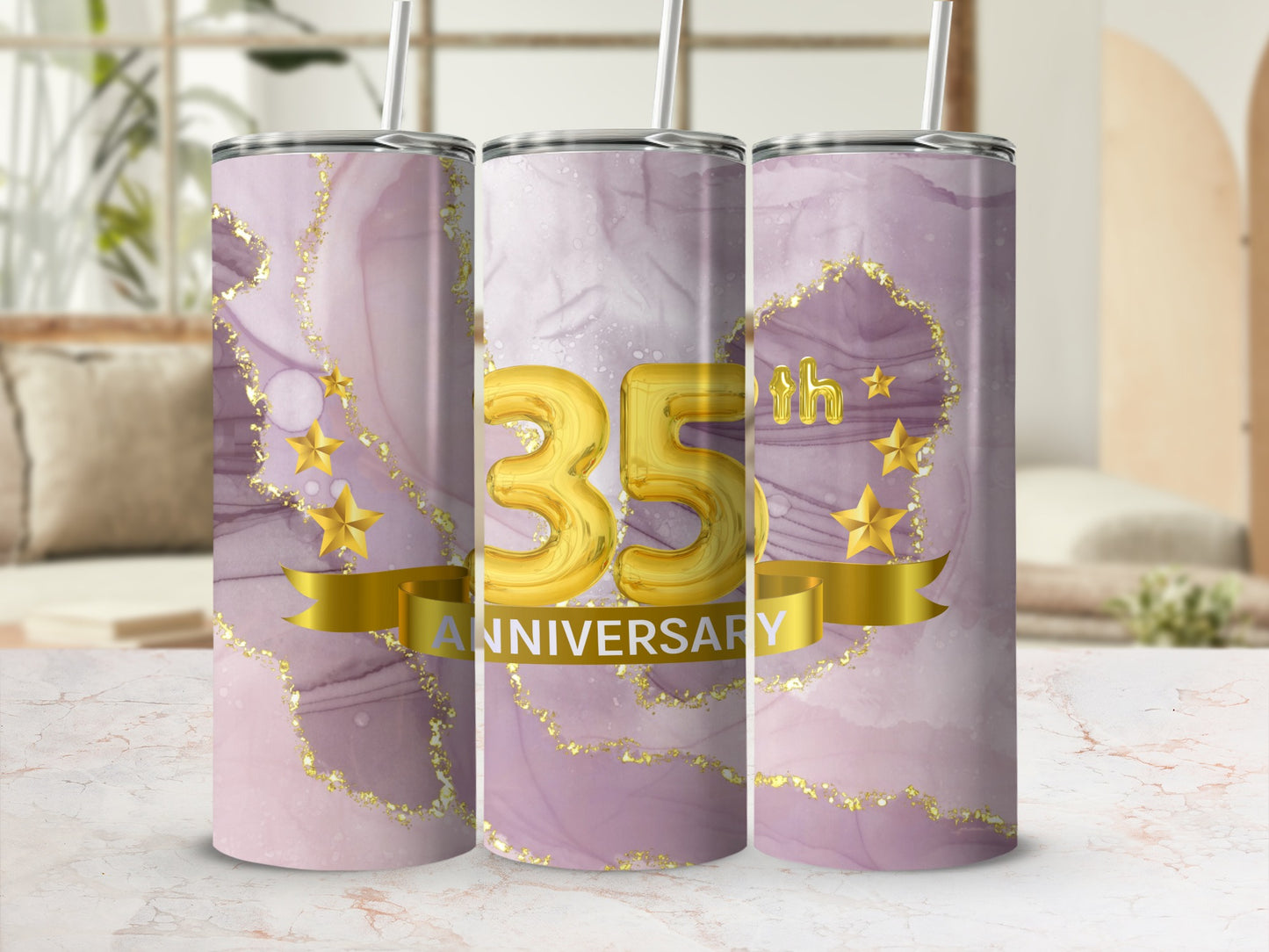 Tumbler with "35th Anniversary" text, gold stars, and marbled purple design.