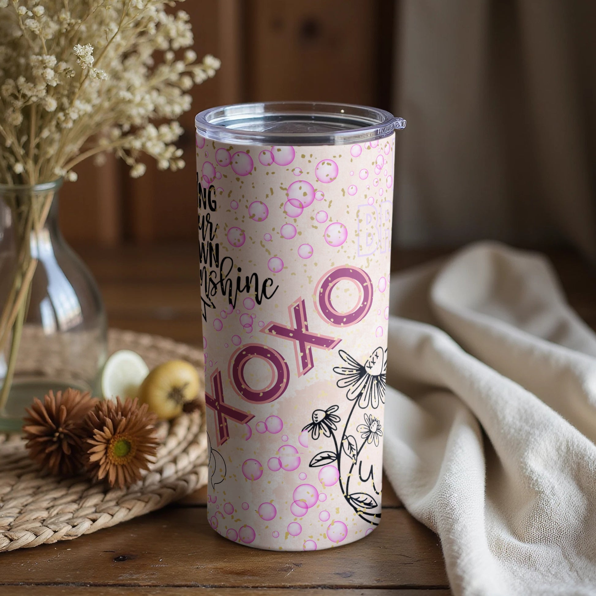 XOXO Floral Design Pink Bubbles Double Wall Tumbler
