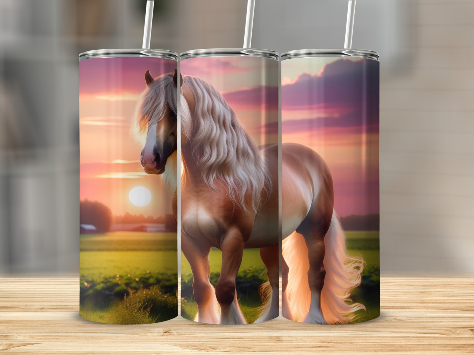 Golden horse with flowing mane stands in a sunset field.