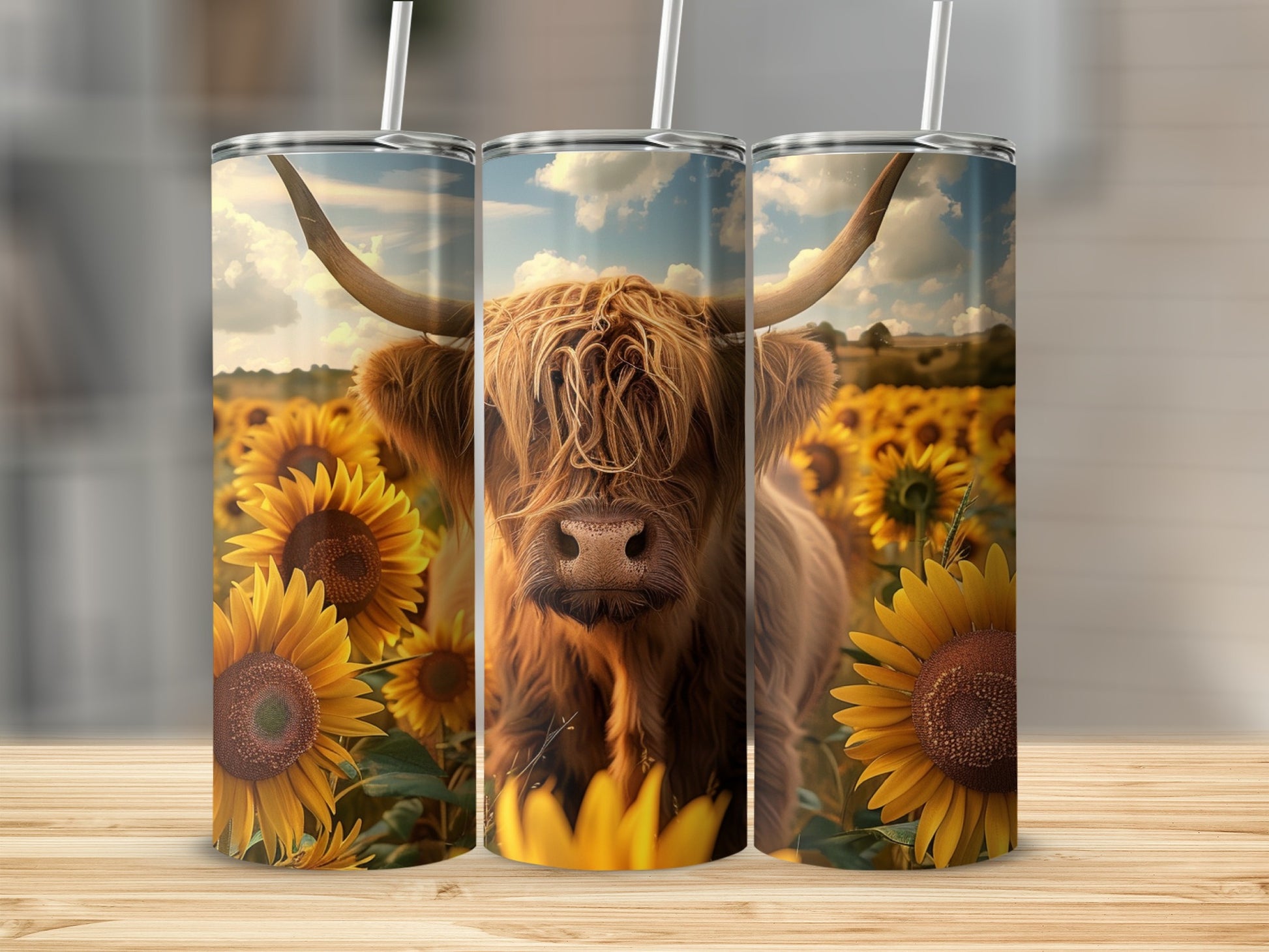 Highland cow with sunflowers on a tumbler.