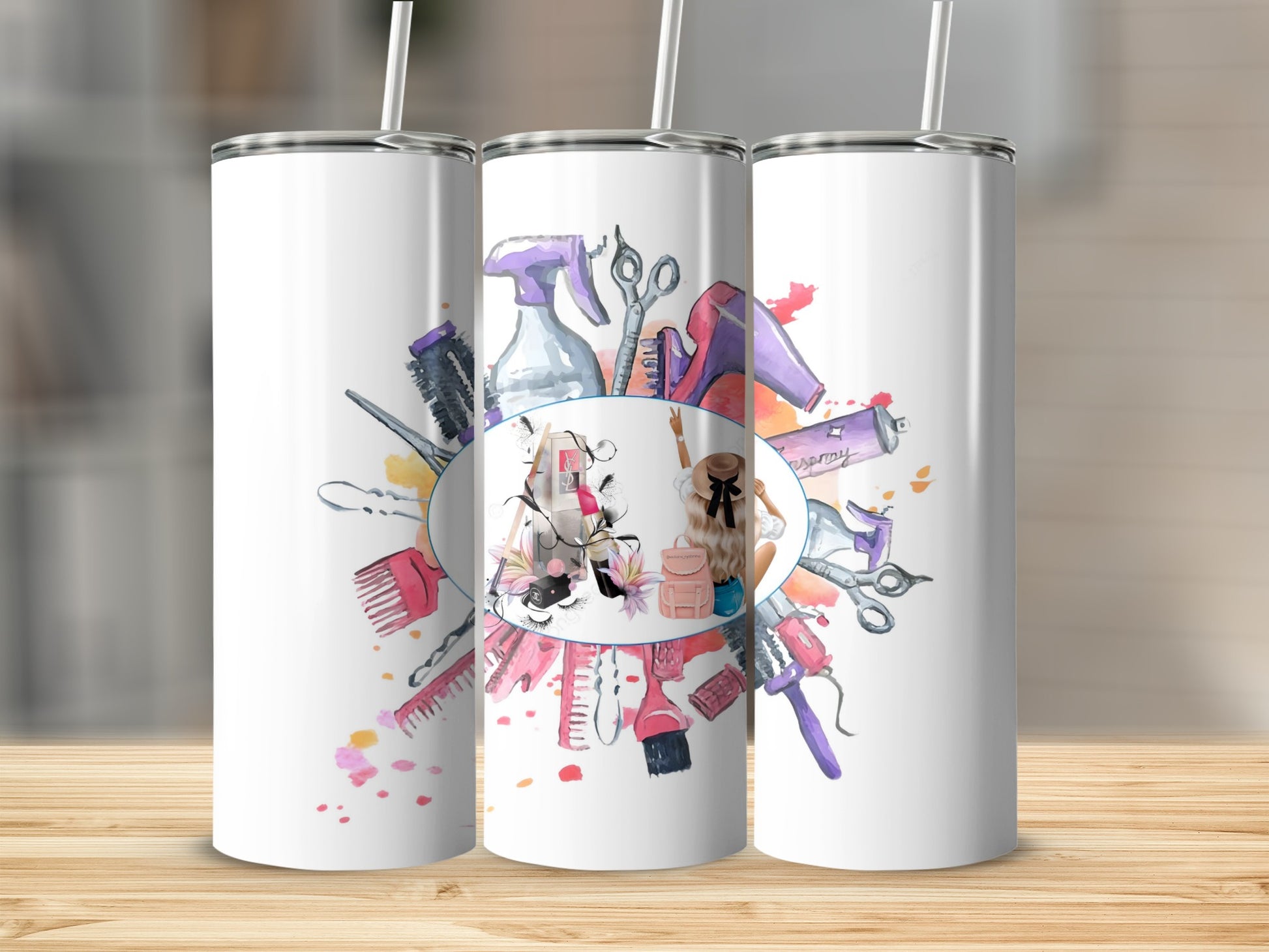 Hair Stylist Tools Illustration on White Tumbler
