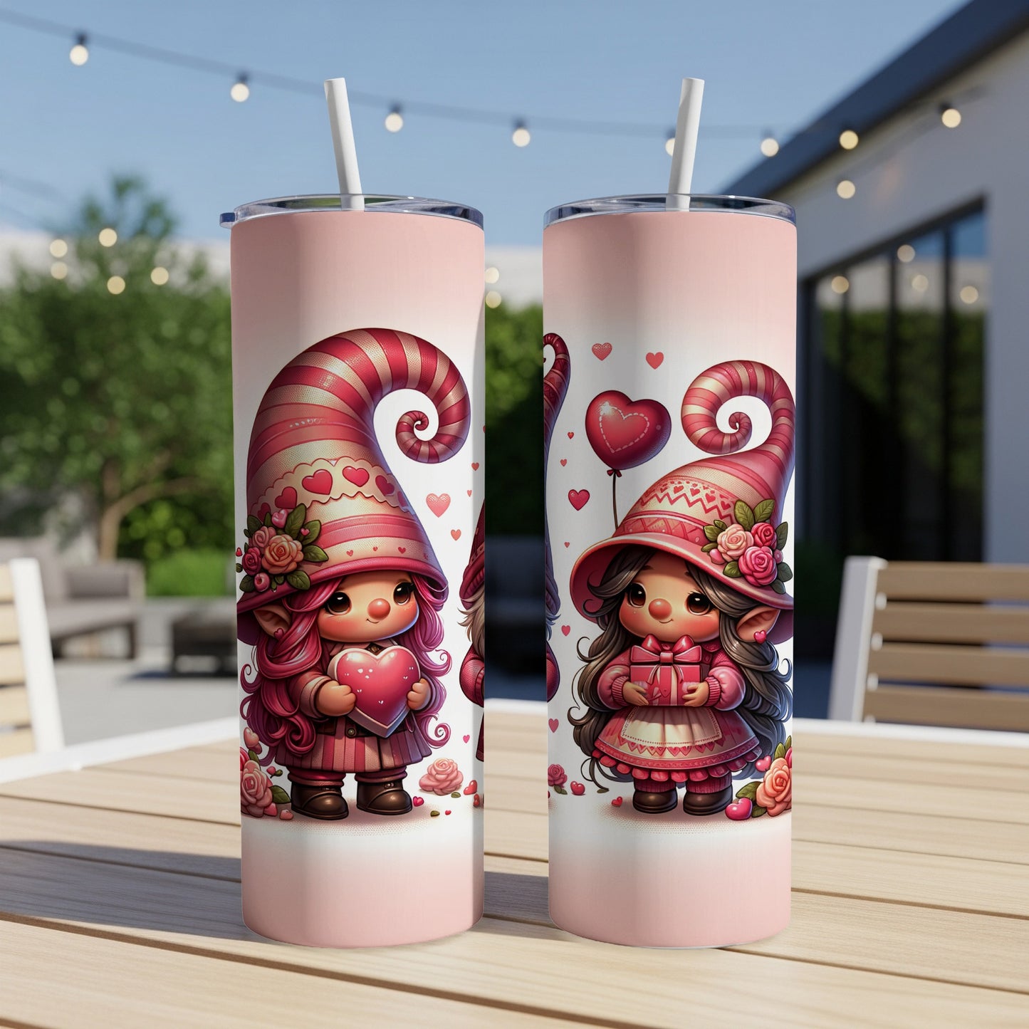 Two pink Valentine's Day gnomes with hearts and gifts on tumblers.