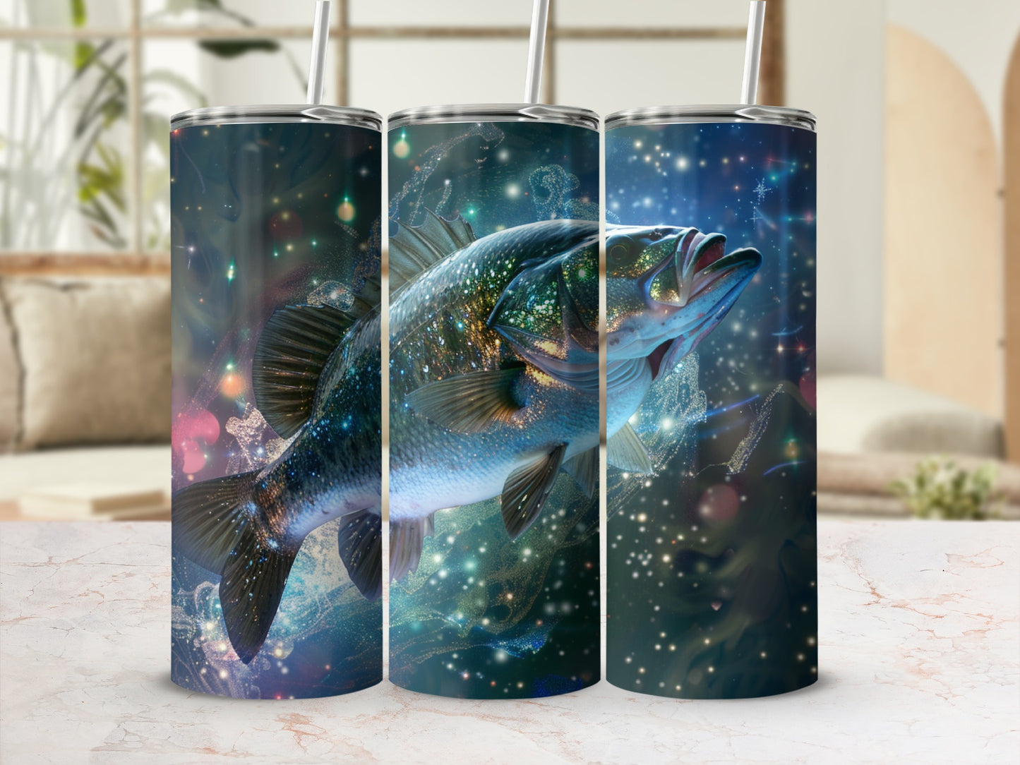 Triptych of a bass fish leaping from starry, cosmic water.
