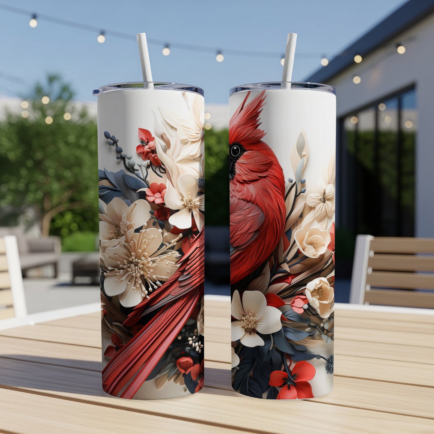 Two tumblers featuring a vibrant red cardinal surrounded by floral designs.