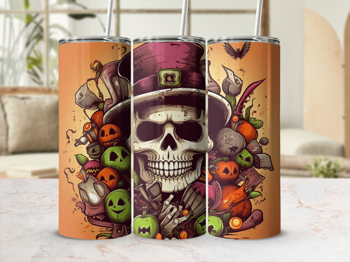 Three tumblers with Halloween skull and pumpkin designs, in orange and purple tones.