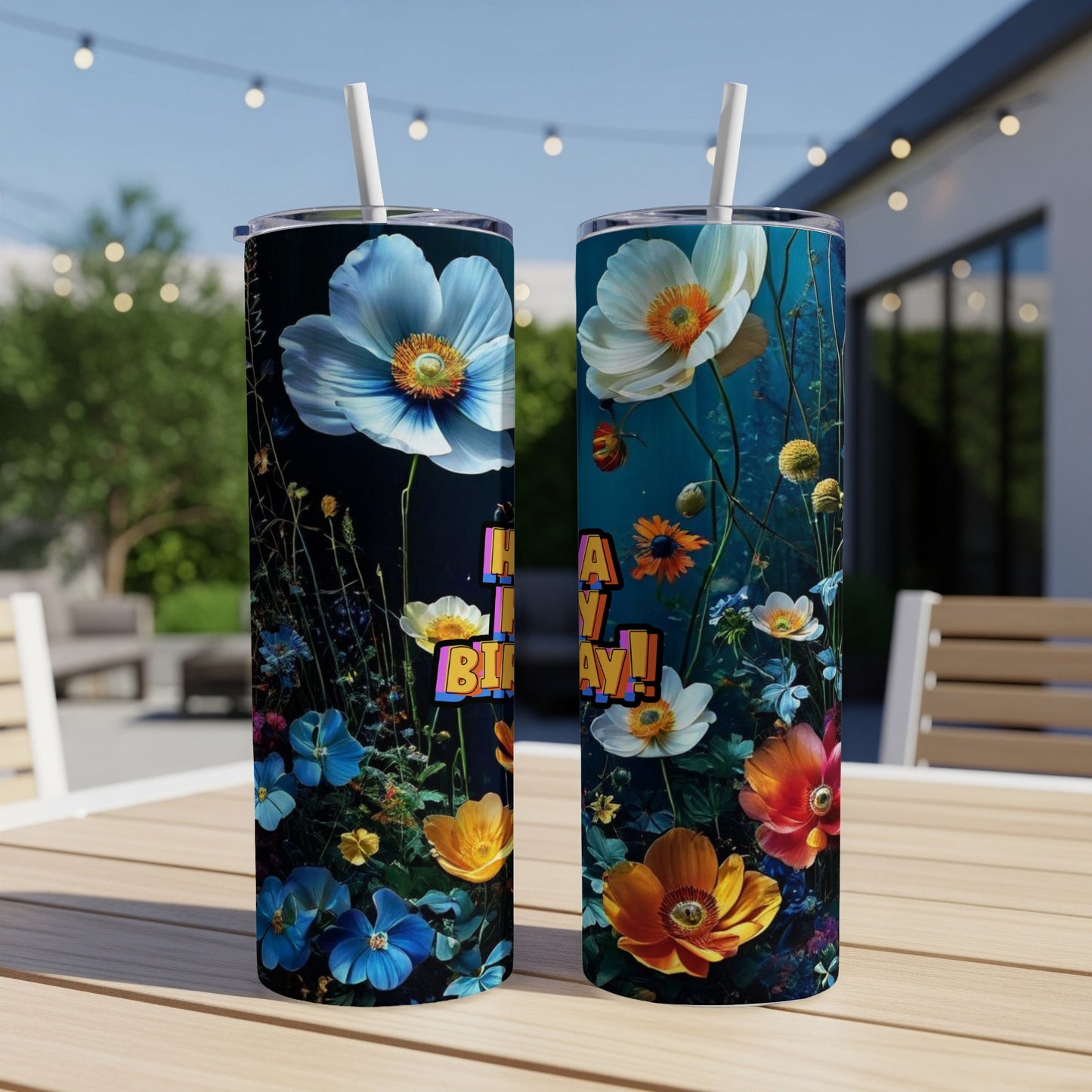 Floral tumbler with "Happy Birthday!" text and straw, set outdoors.