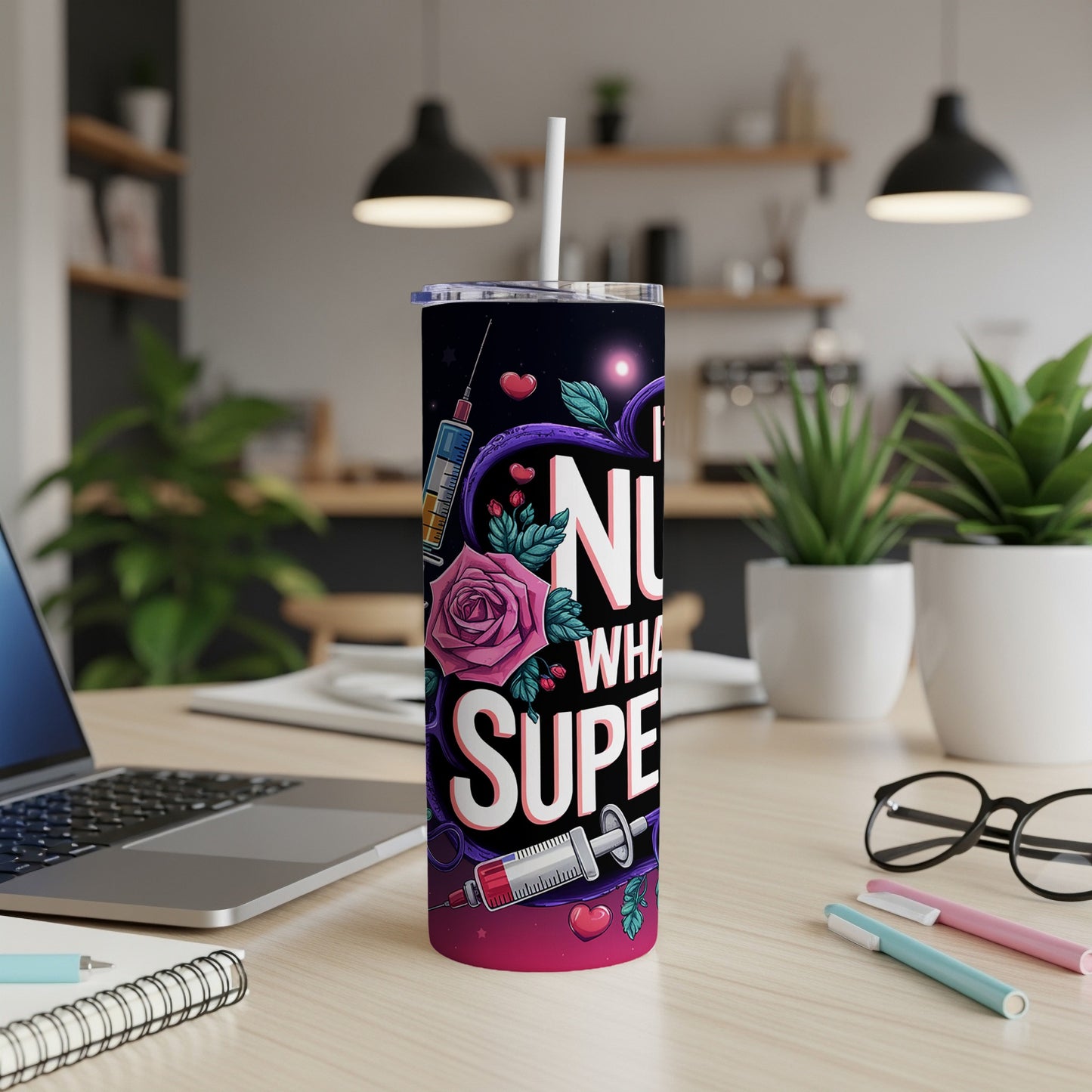 Tumbler with floral nurse design and text "I'm not a regular woman, I'm a nurse."