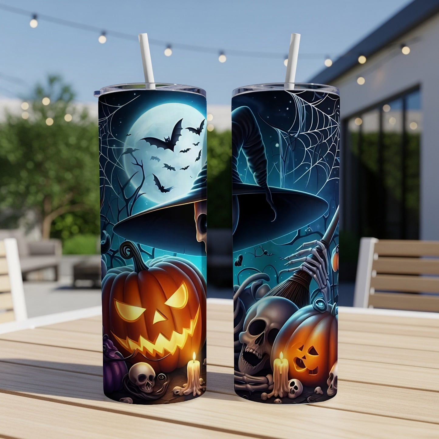 Halloween tumblers with witch hats, pumpkins, skulls, bats, and full moon design.