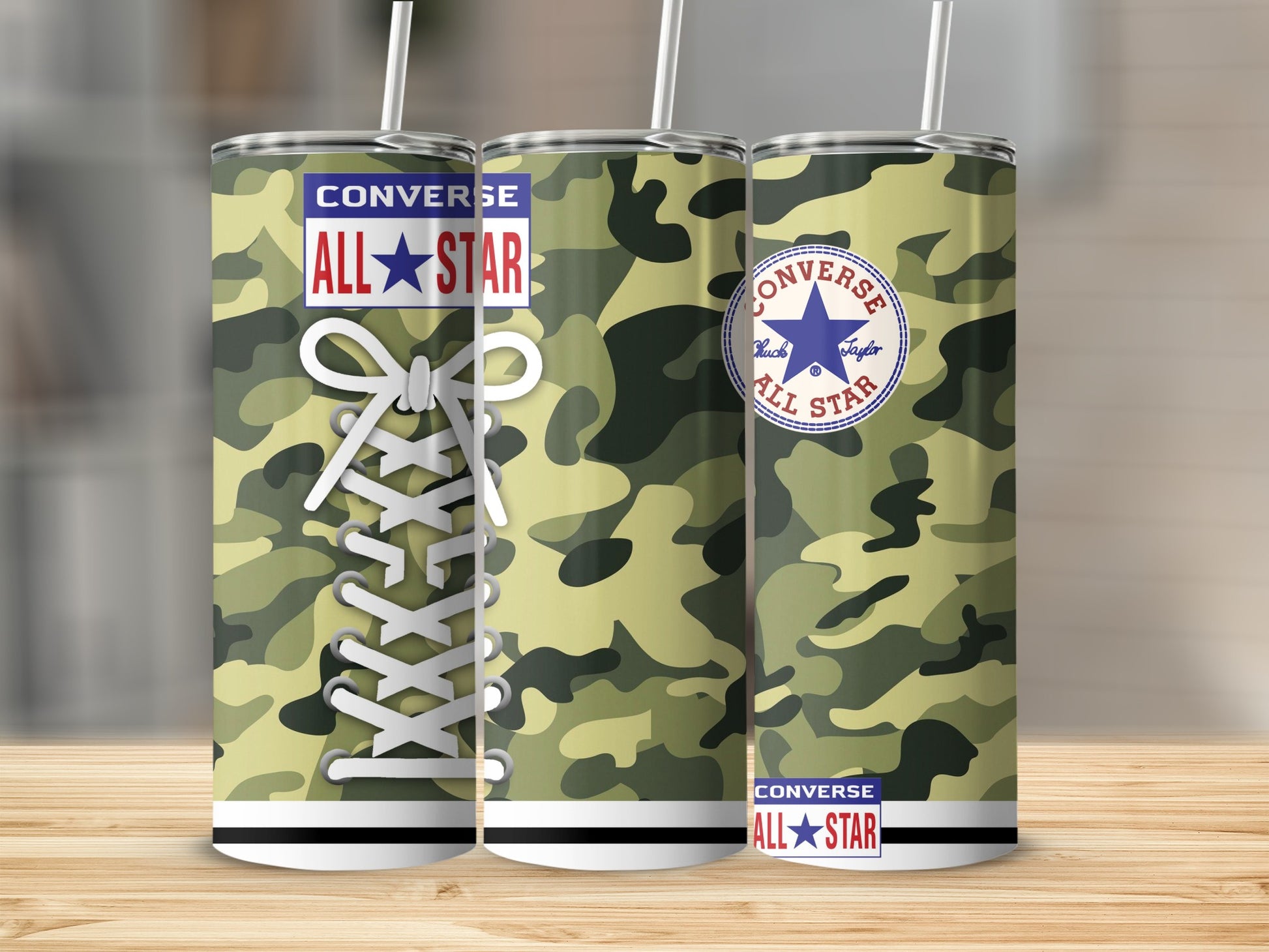 Camouflage Converse tumbler with white laces and logos.