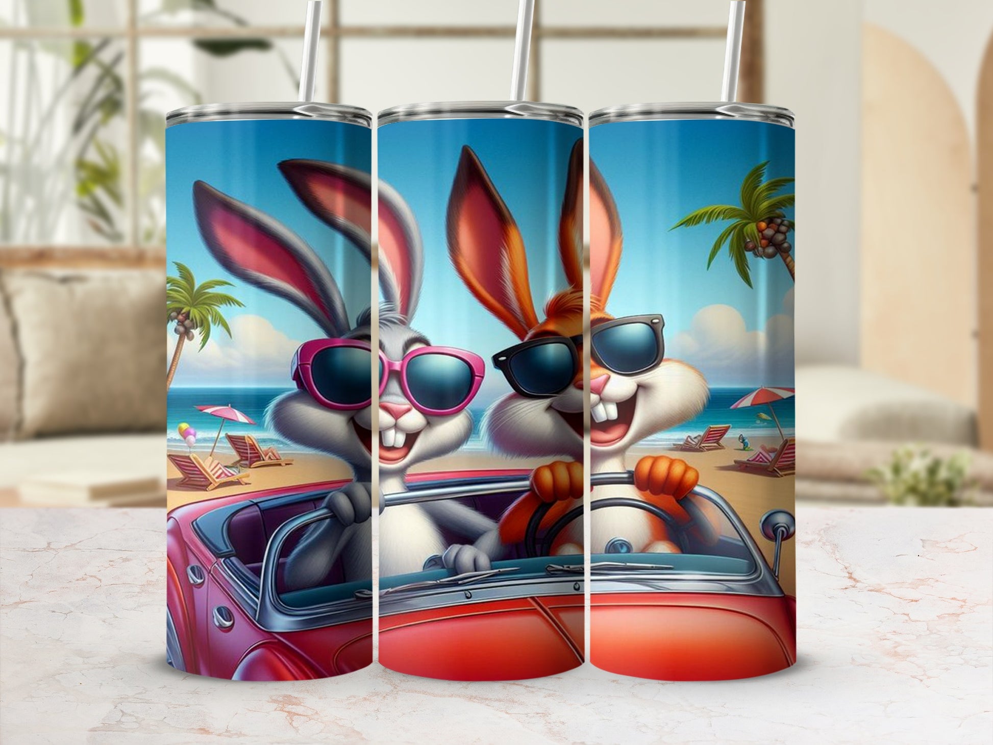 Cute Cartoon Bunnies Driving on the Beach Tumbler