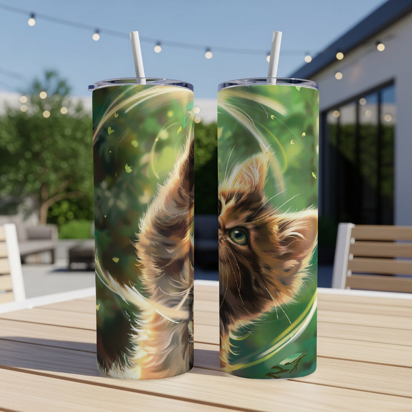 Two skinny tumblers with a painting of a fluffy brown cat on them.