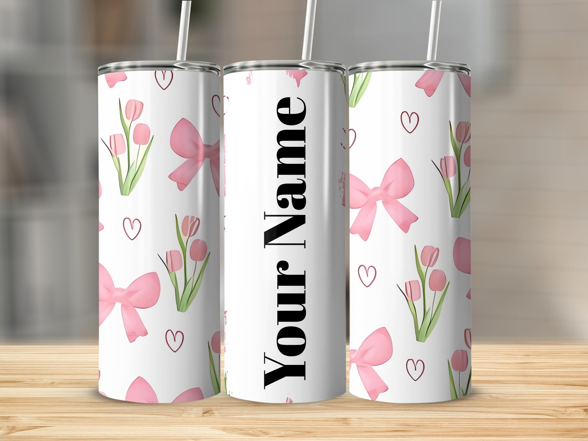 Personalized Floral and Pink Bow Design Tumbler
