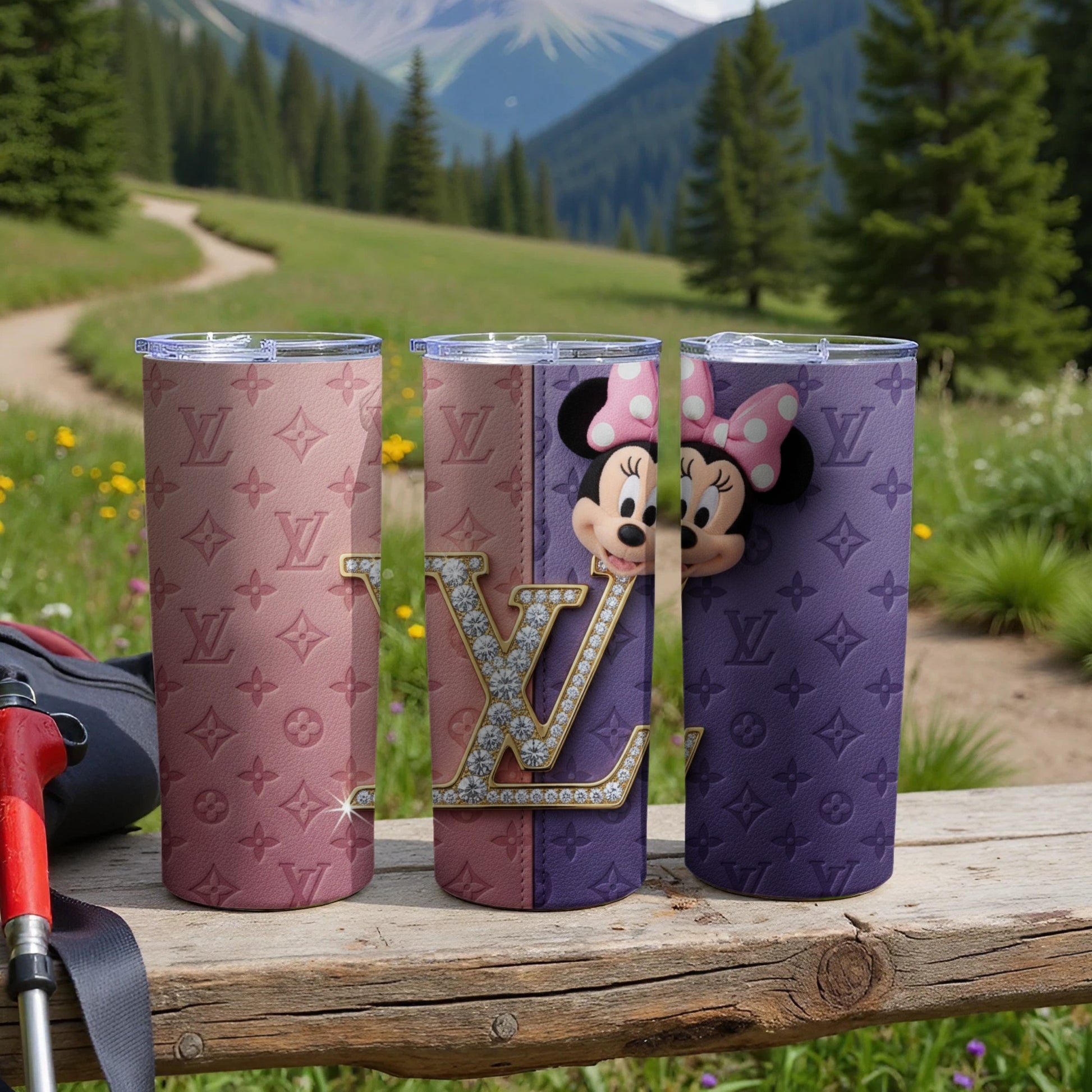 Minnie Mouse and LV Logo Tumblers in Scenic Setting