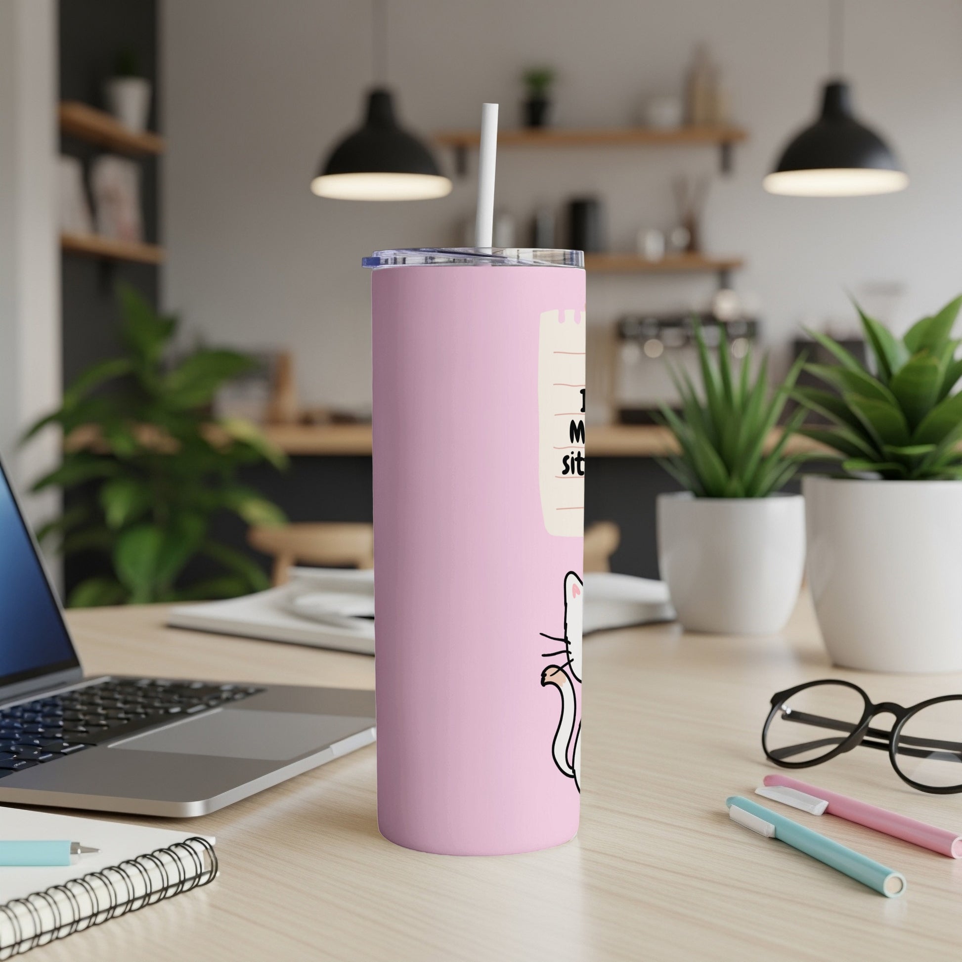 Pink tumbler with cat illustration and handwritten "I'm meow sit" text.