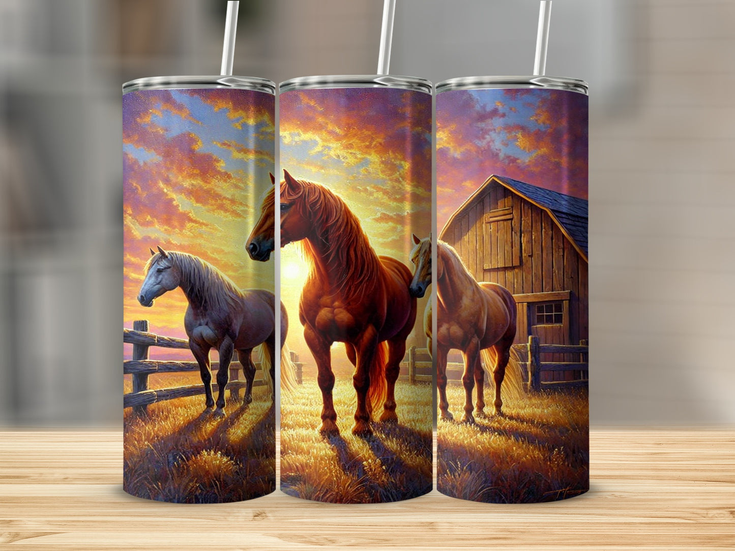 Horses Sunset Farm Scene Insulated Tumbler Cup