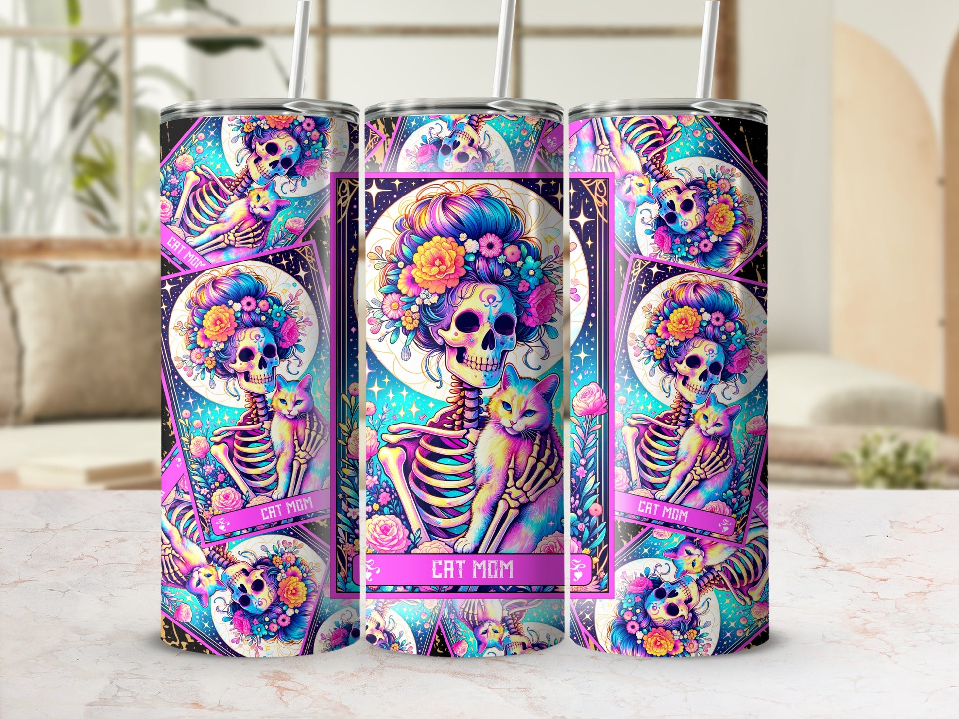 Skeleton woman with cat, floral crown, and "Cat Mom" text on a tumbler.