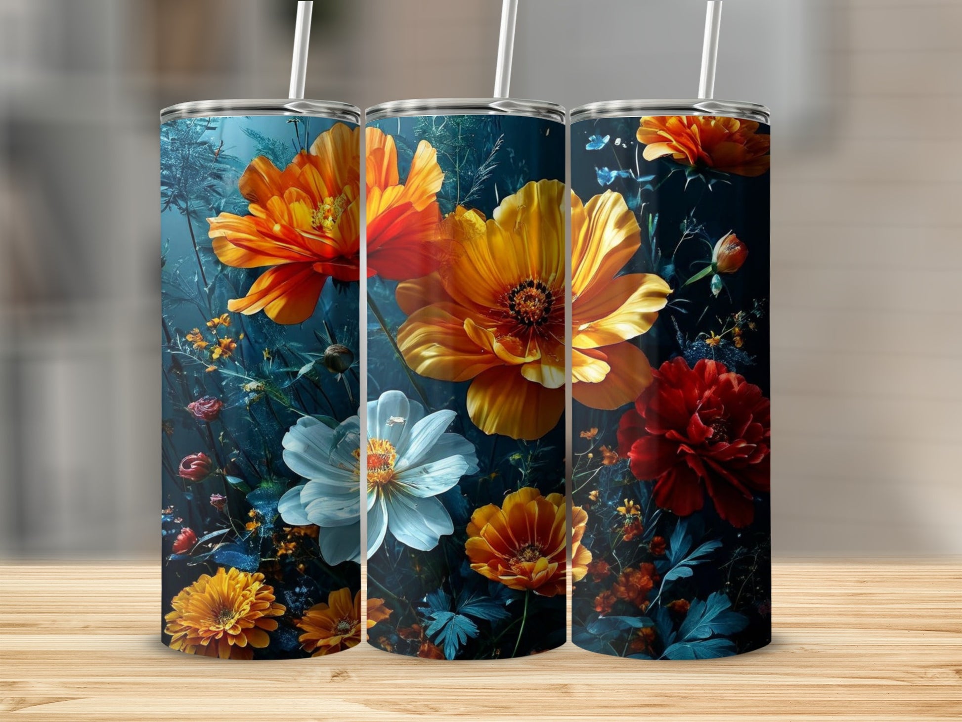 Three tumblers featuring vibrant orange, yellow, and red floral designs.