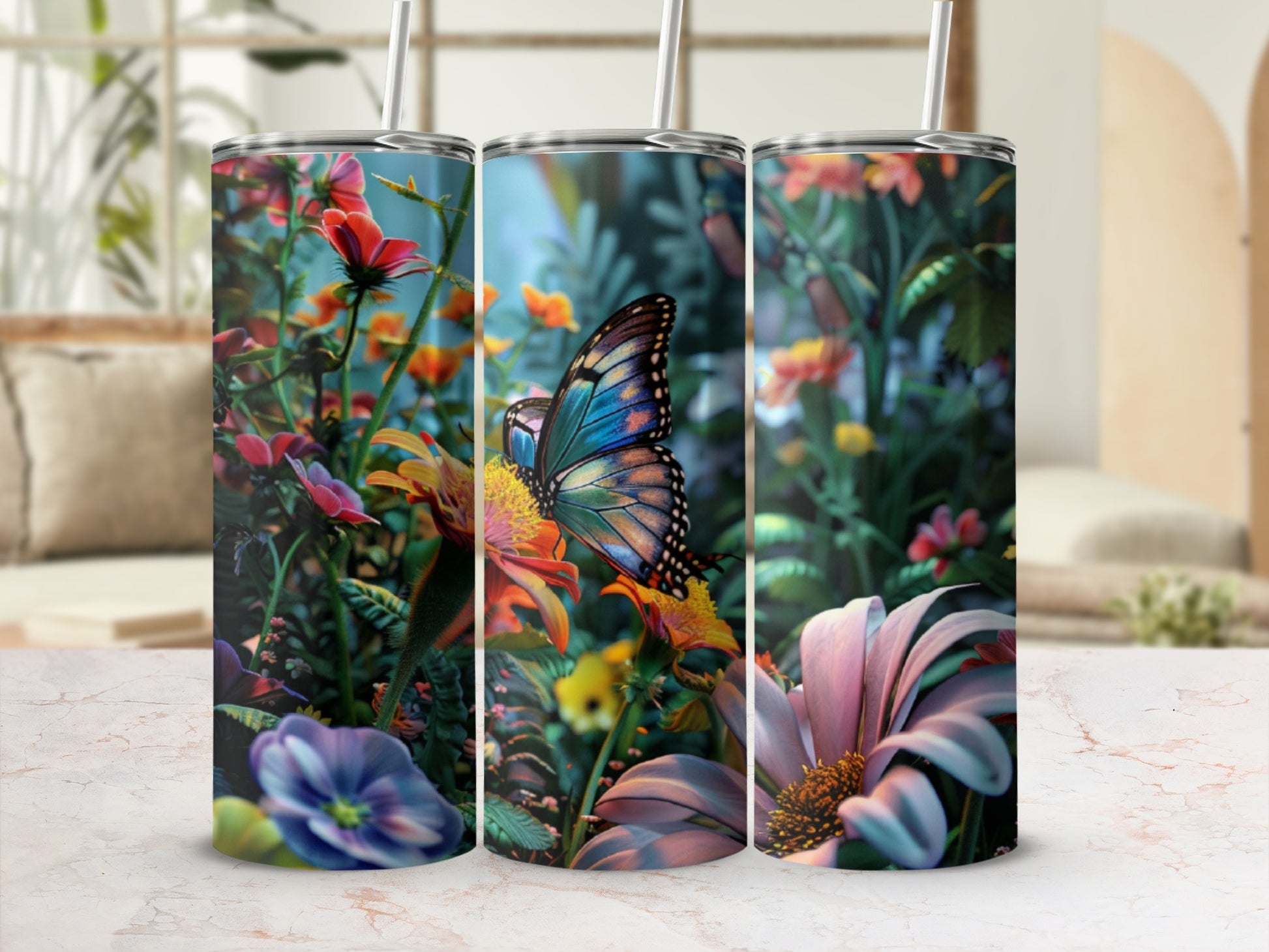 Butterfly and flowers on a cylindrical tumbler with blurred background.