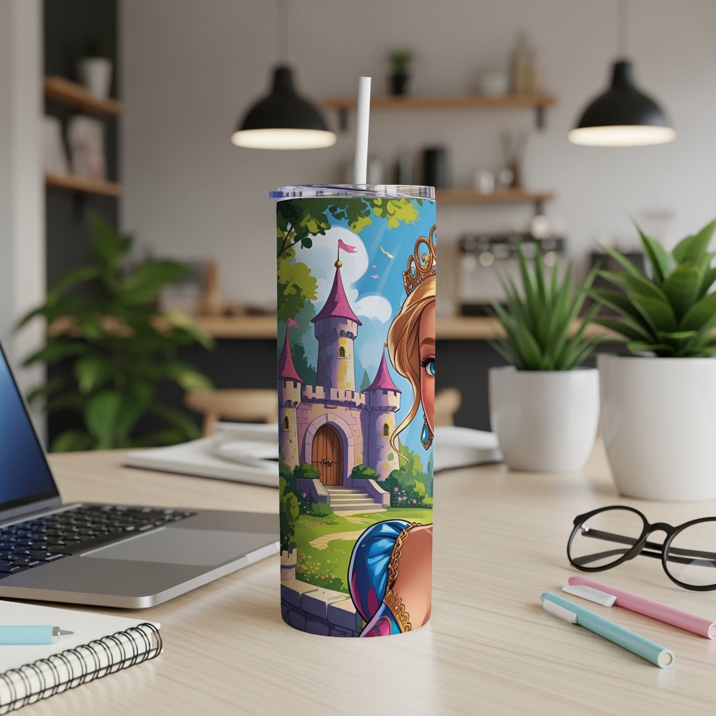Cartoon princess and castle design on a tumbler cup.