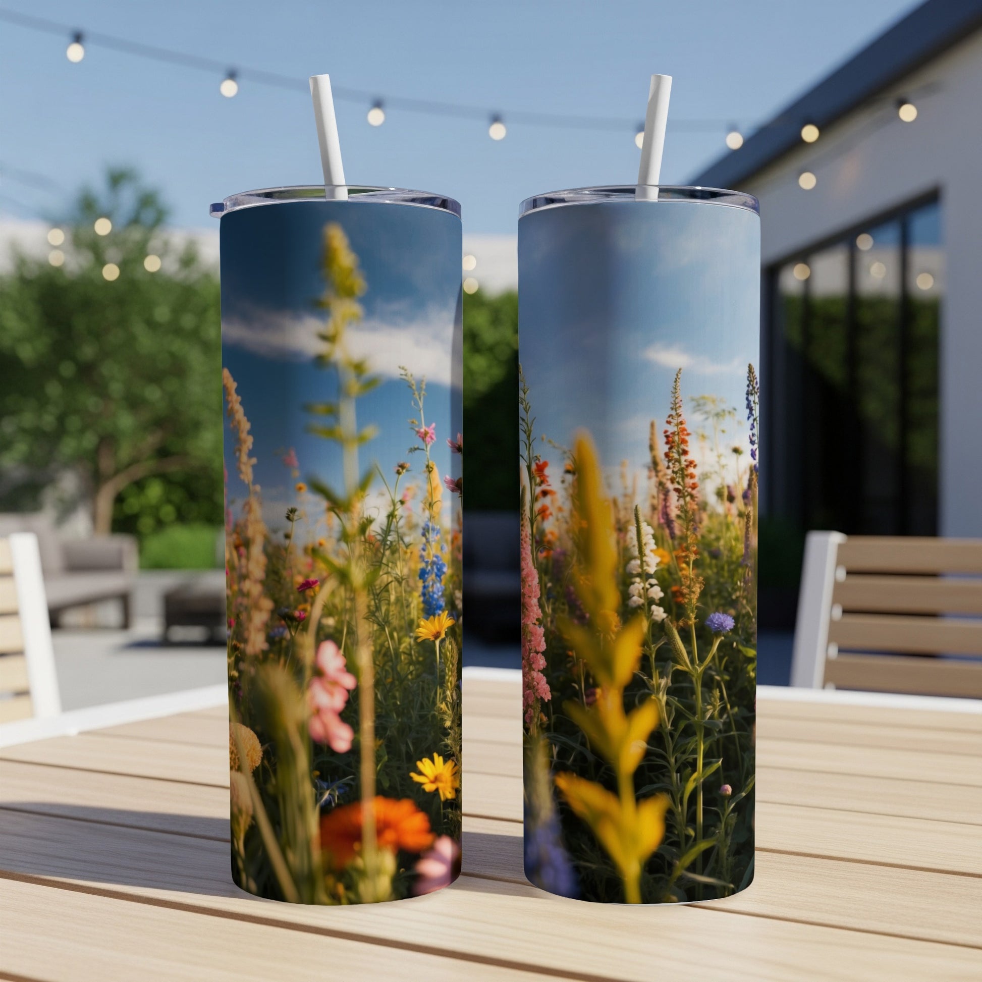 Floral wildflower design on two stainless steel tumblers on a wooden table.