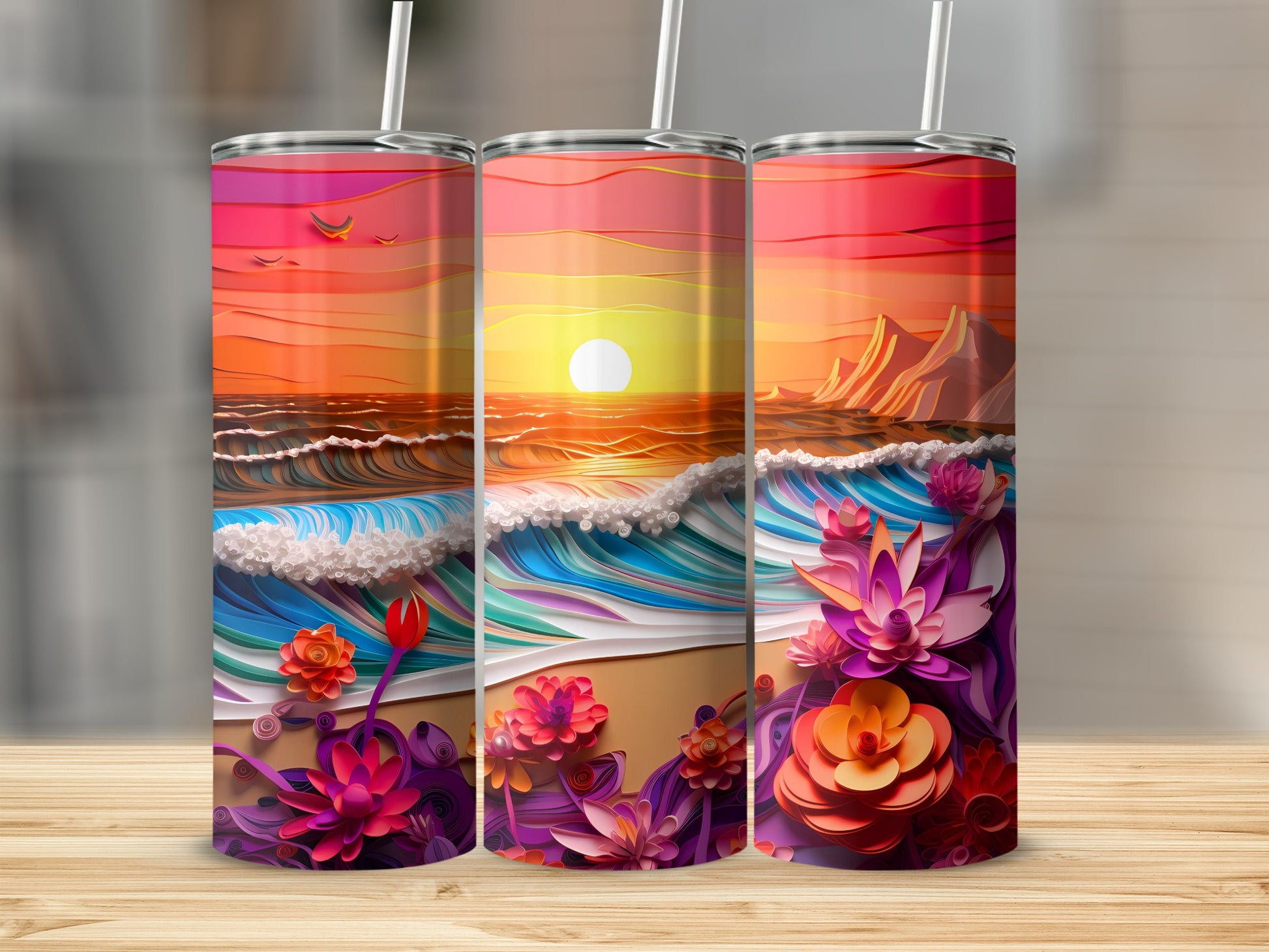 Sunset Ocean Quilled Flowers Beach Scene tumbler
Tumbler, Sunset, Ocean, Beach, Flowers, Quilling Art, Paper Craft, Vibrant Design, Colorful, Tropical Scene, Summer Vibes, Waves, Seascape, Floral Art, Nature Inspired, Drinkware, Unique Gift, Layered Art, Gradient Colors, Horizon View