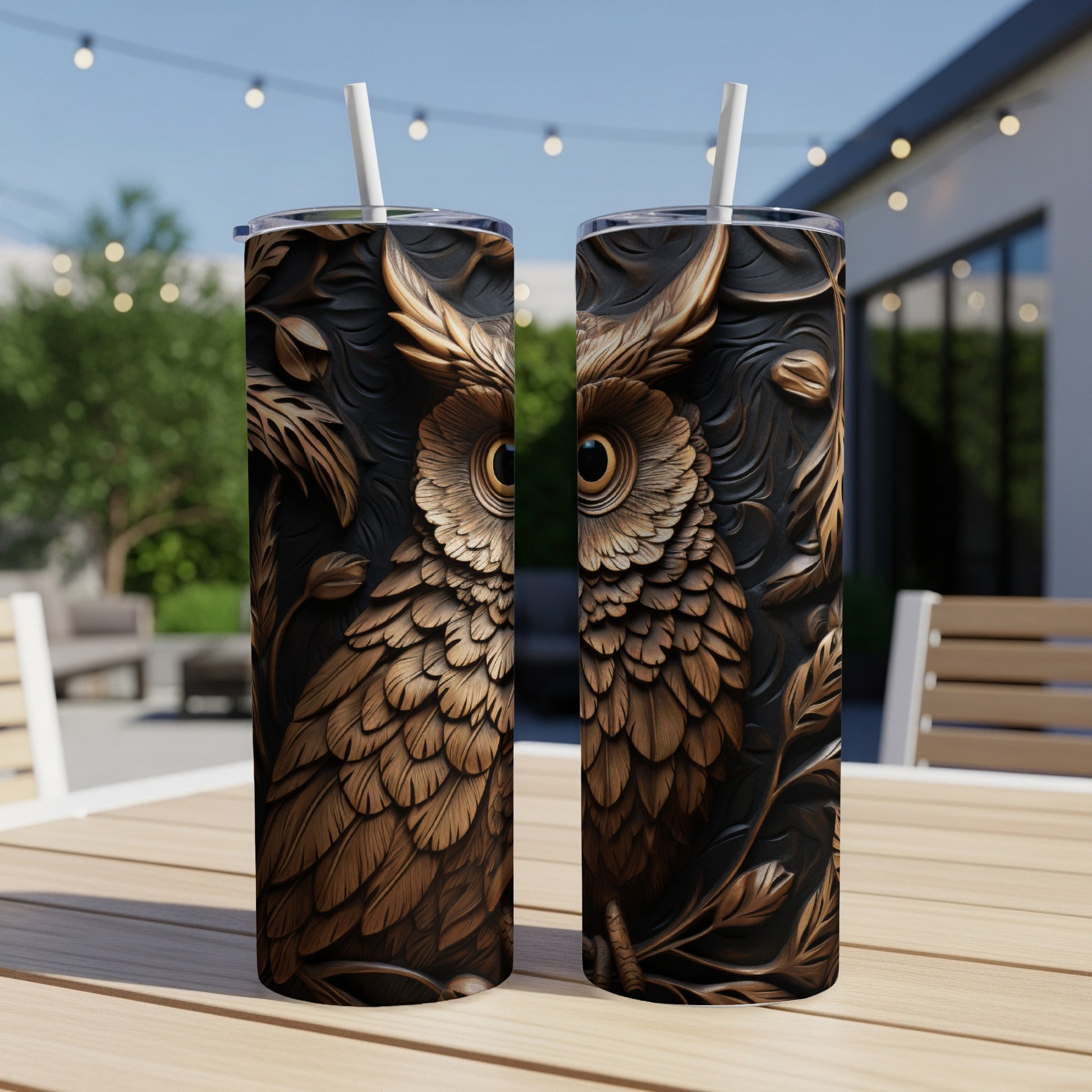 Two tall tumblers featuring a detailed owl relief design.