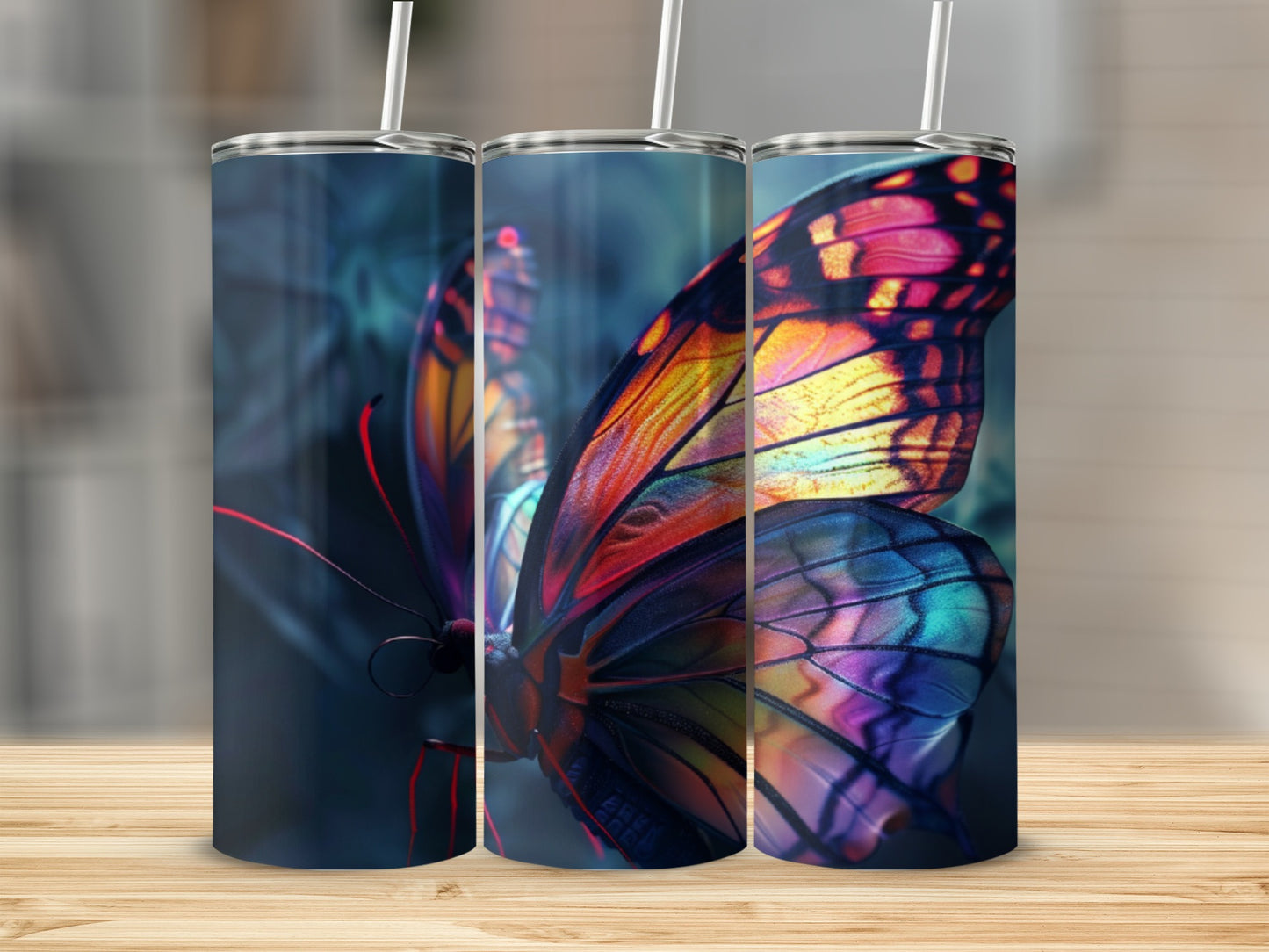 Three tumblers featuring a close-up of colorful stained-glass butterfly wings.