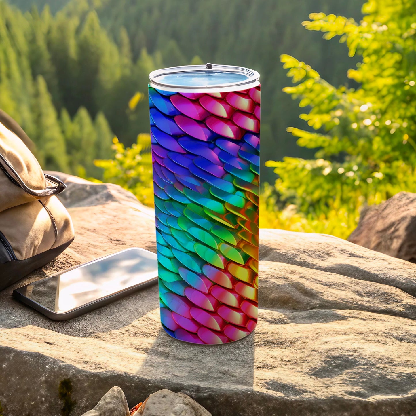 Tall tumbler with iridescent dragon scale pattern on rock with phone and backpack.
