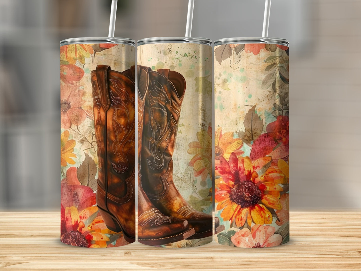 Cowboy boots and sunflowers on a textured background.