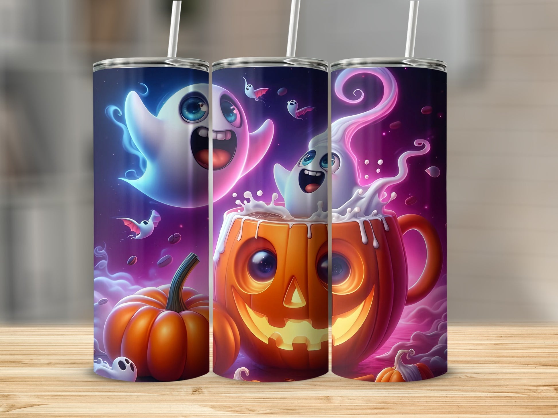 Halloween tumblers feature spooky ghosts and smiling jack-o'-lanterns against a purple night sky.