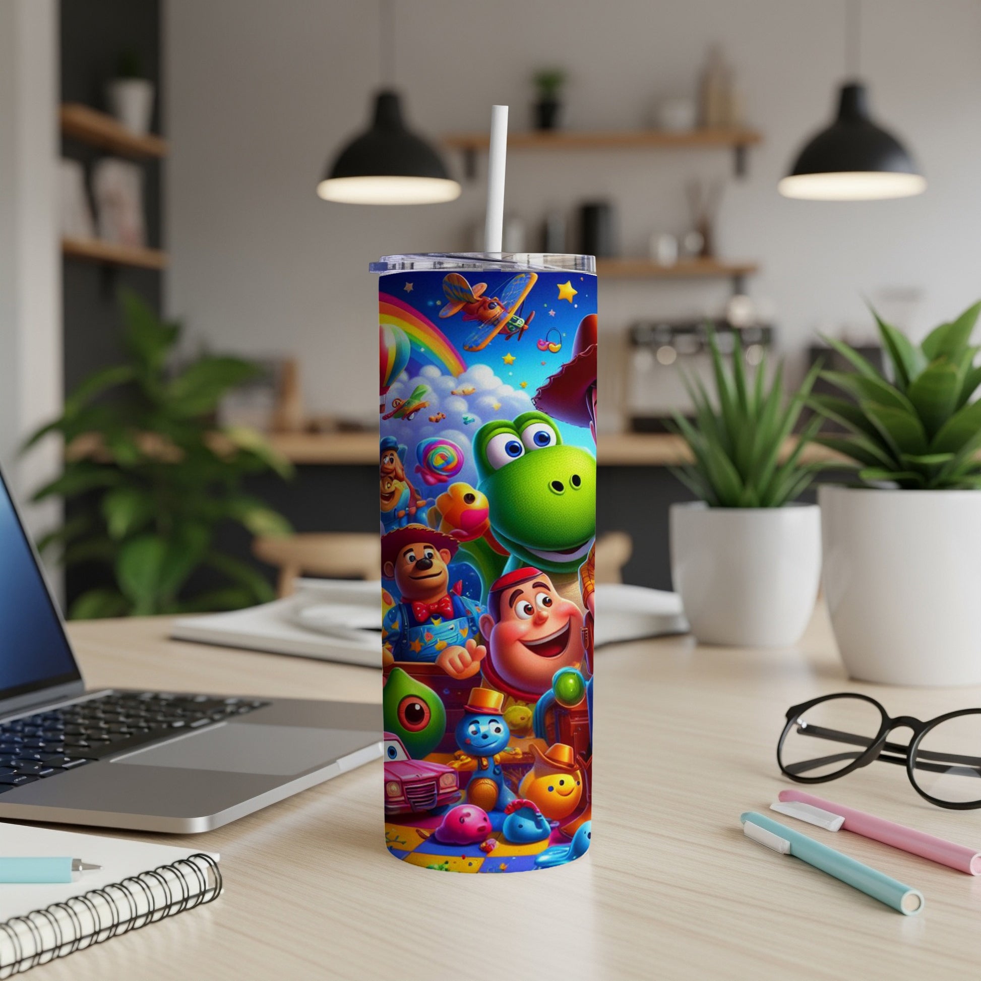 Colorful characters from Toy Story and other animated films adorn a white tumbler.