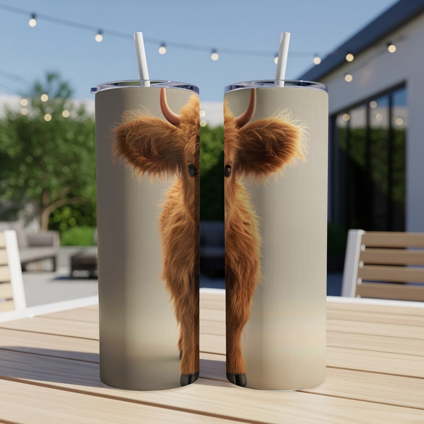Two tumblers featuring a fluffy Highland cow illustration.