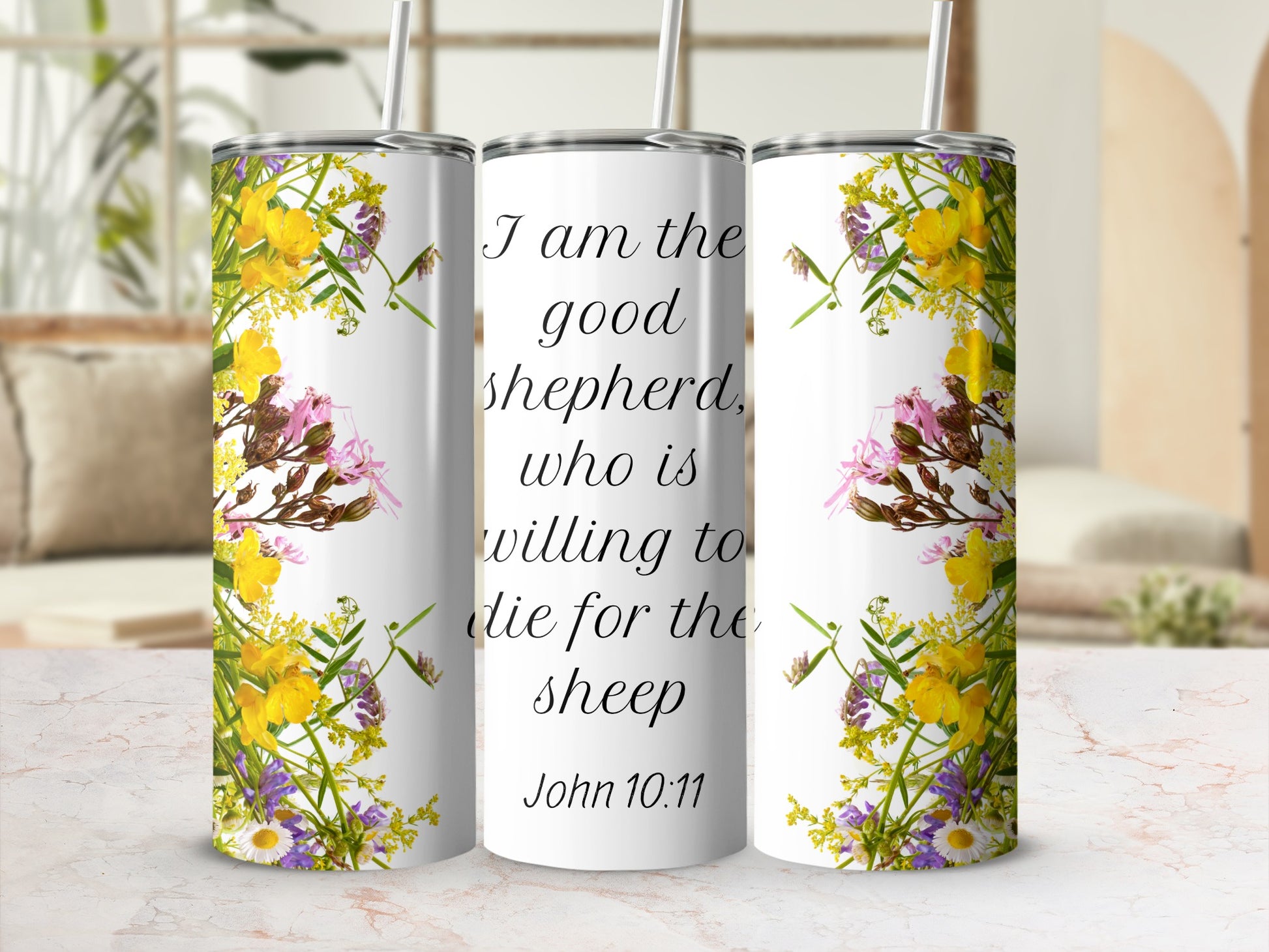 Inspirational Floral John 10:11 Tumbler with Straw
