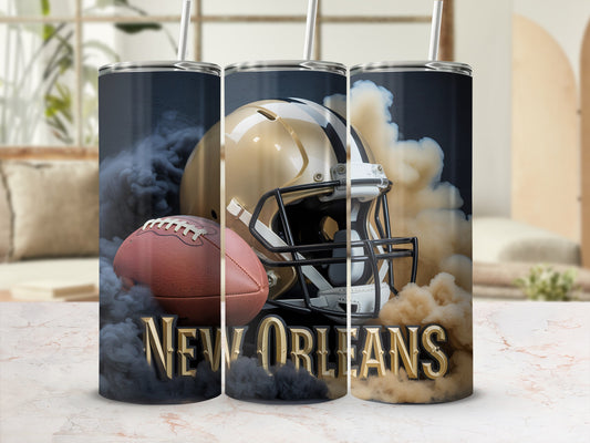 New Orleans Saints helmet, football, and smoke on a tumbler.