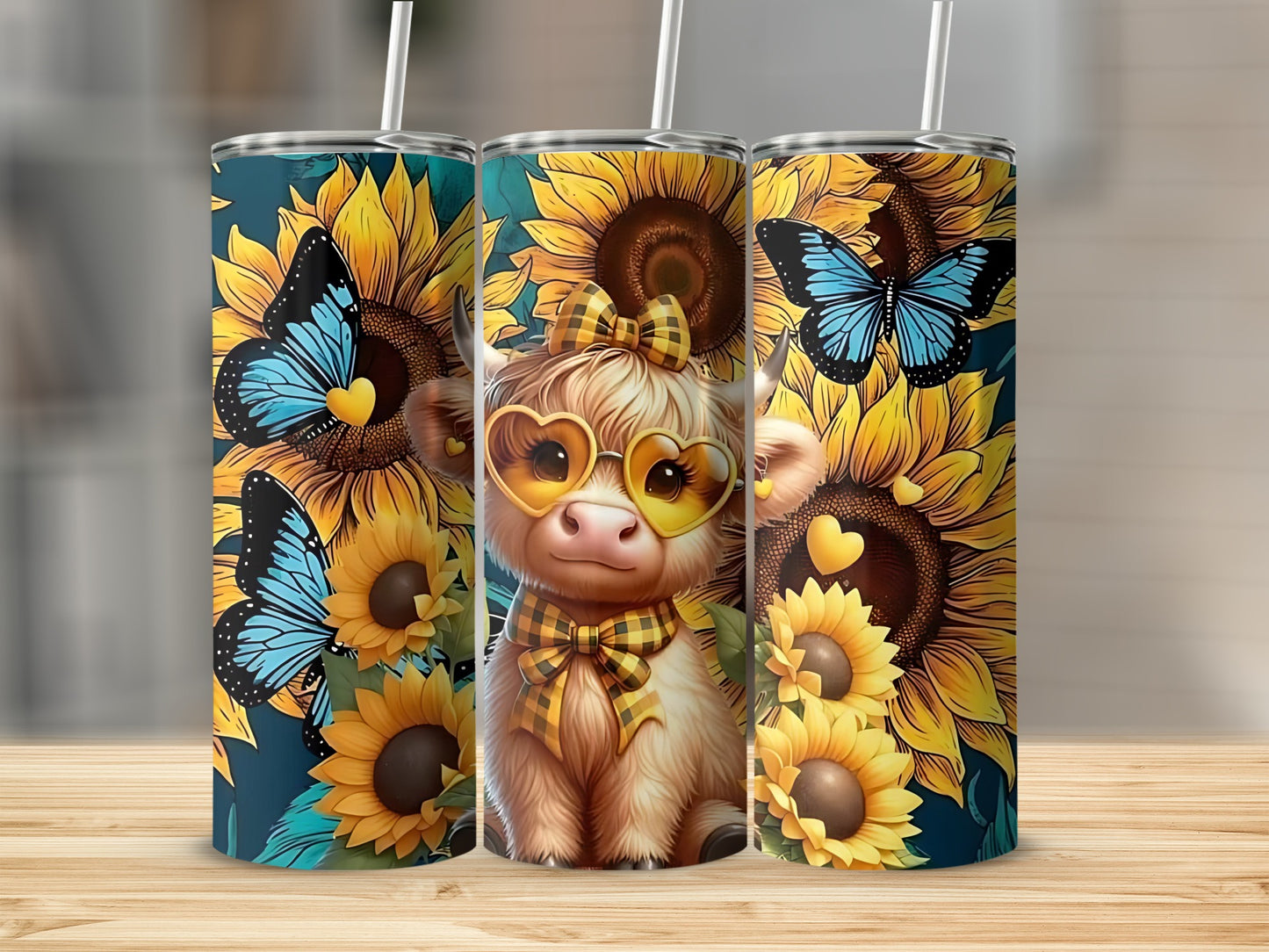 Cute Cow with Sunflowers and Butterflies Tumbler Design