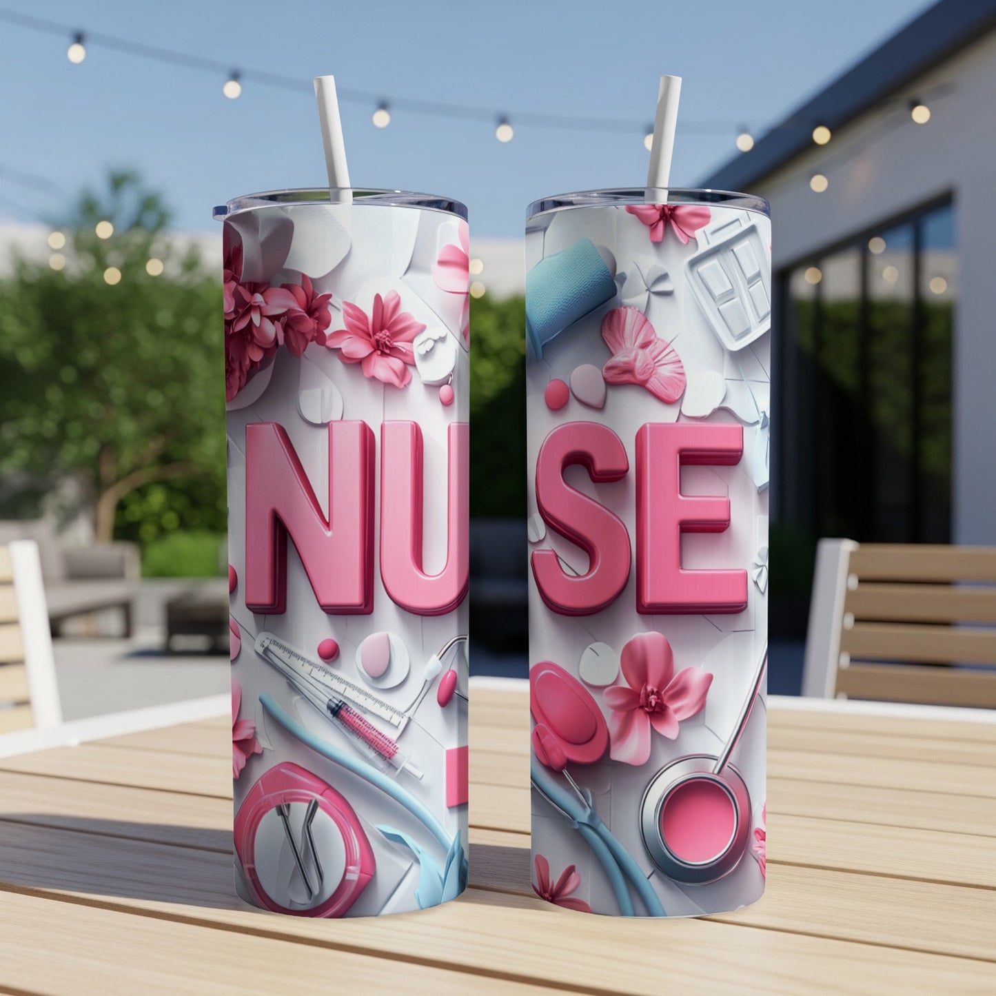 Pink "NURSE" text on a tumbler with medical tools and flowers.