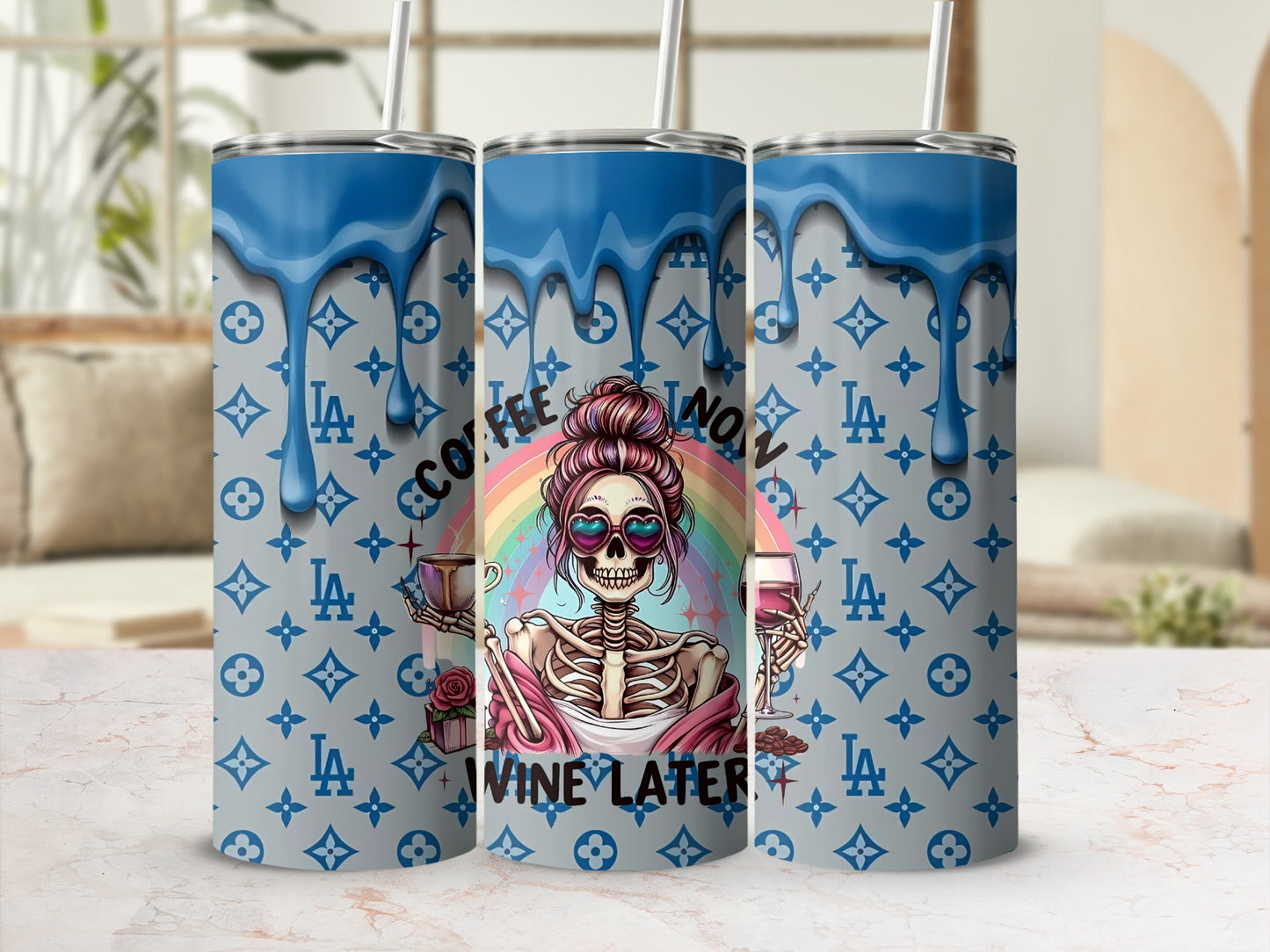Coffee Now Wine Later Skeleton Design Tumbler Cup