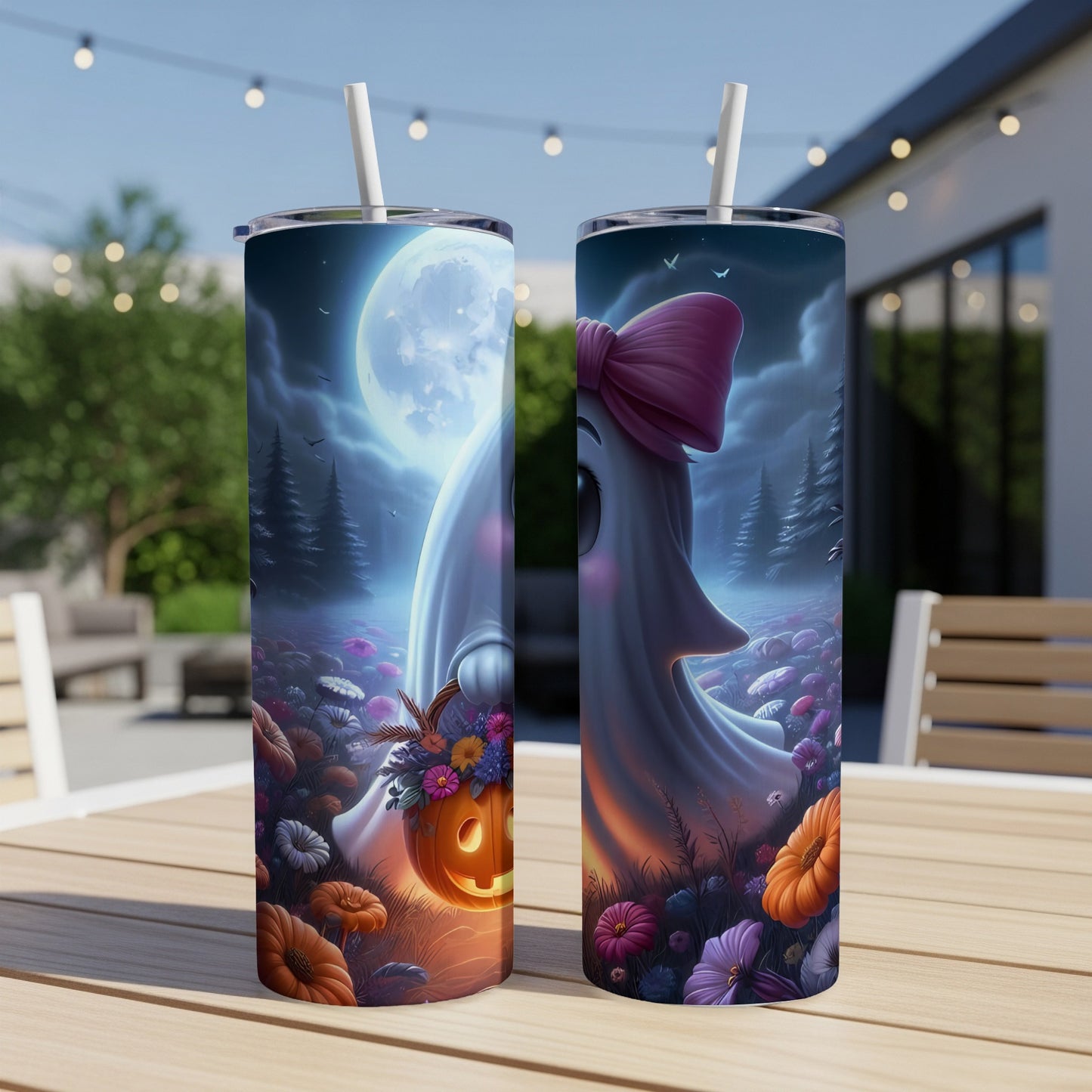 Two tumblers with a cute ghost, jack-o'-lantern, and moon on a floral background.