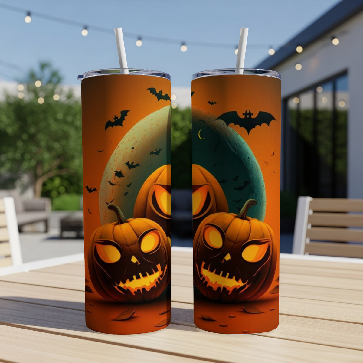 Two Halloween-themed tumblers featuring jack-o'-lanterns and bats on an orange background.