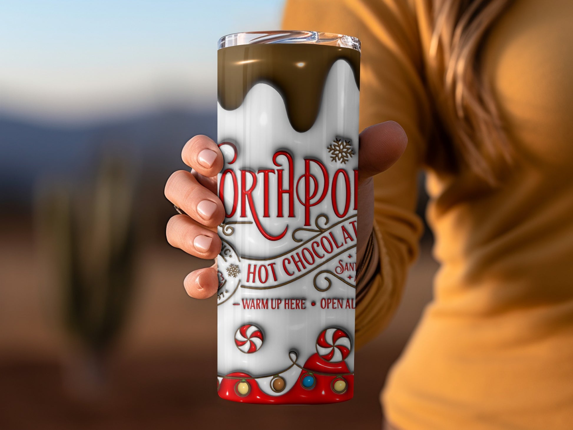 North Pole Hot Chocolate Tumbler Warm Up Here Design