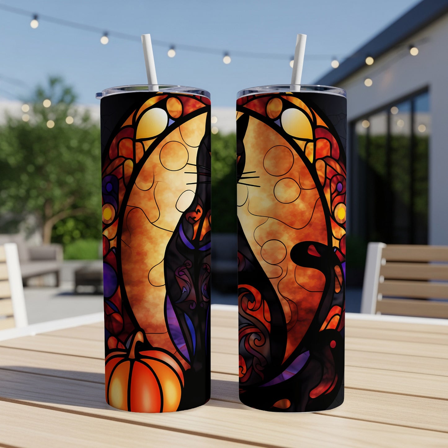 Halloween tumbler with black cat, moon, and pumpkin stained glass design.