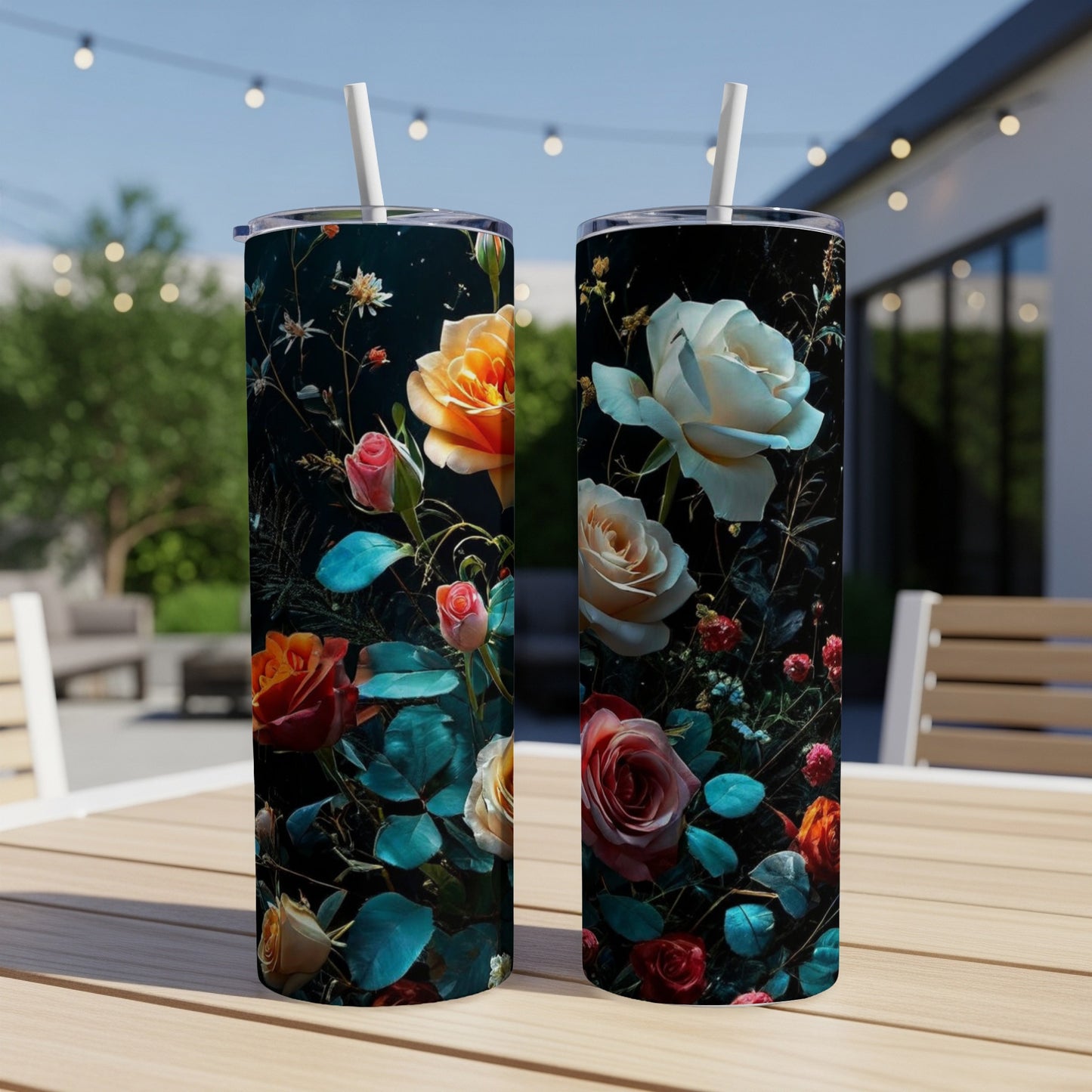 Two tumblers with a dark floral rose pattern on a table outdoors.